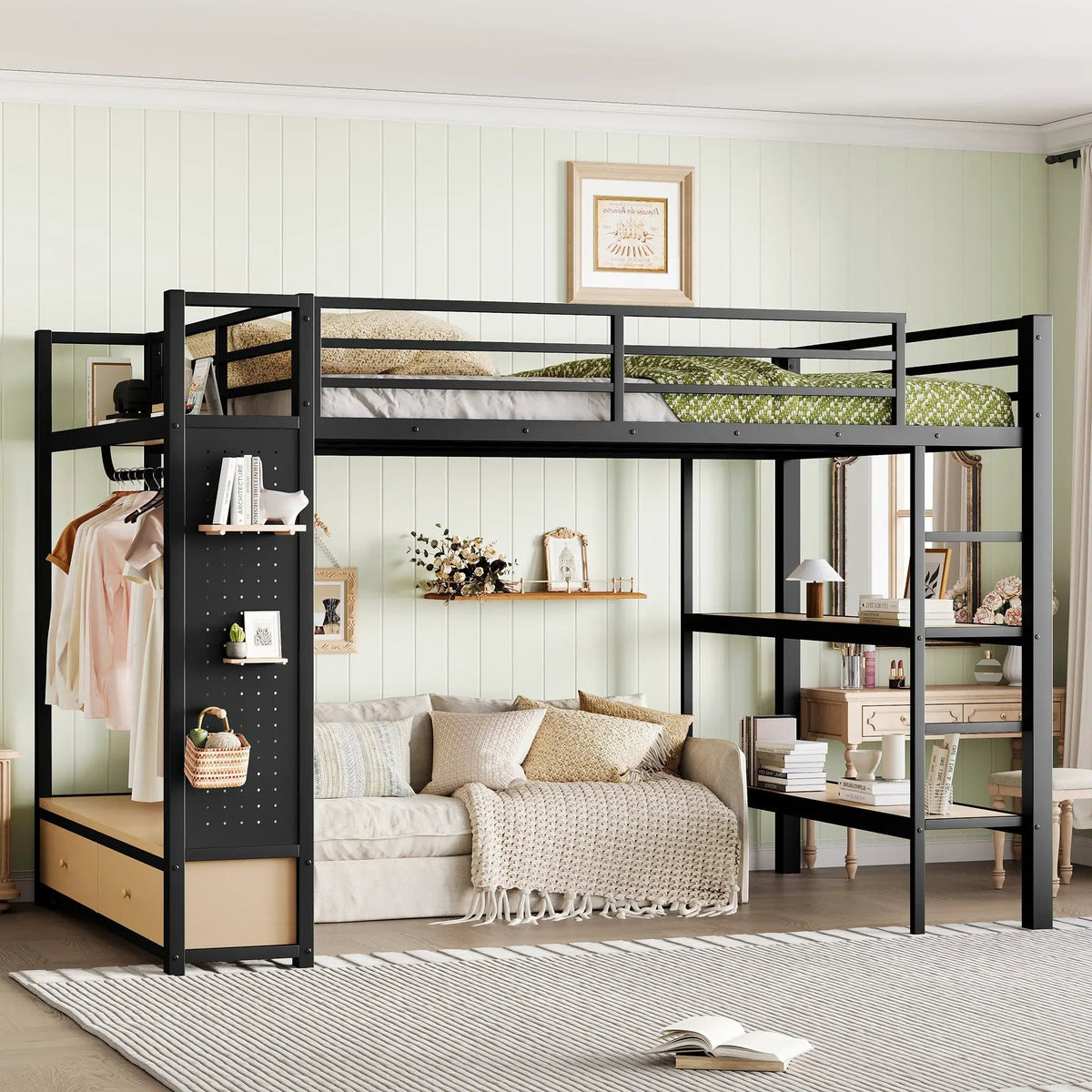 Queen Size Metal Loft Bed Frame with Wardrobe by HouseOfZazla