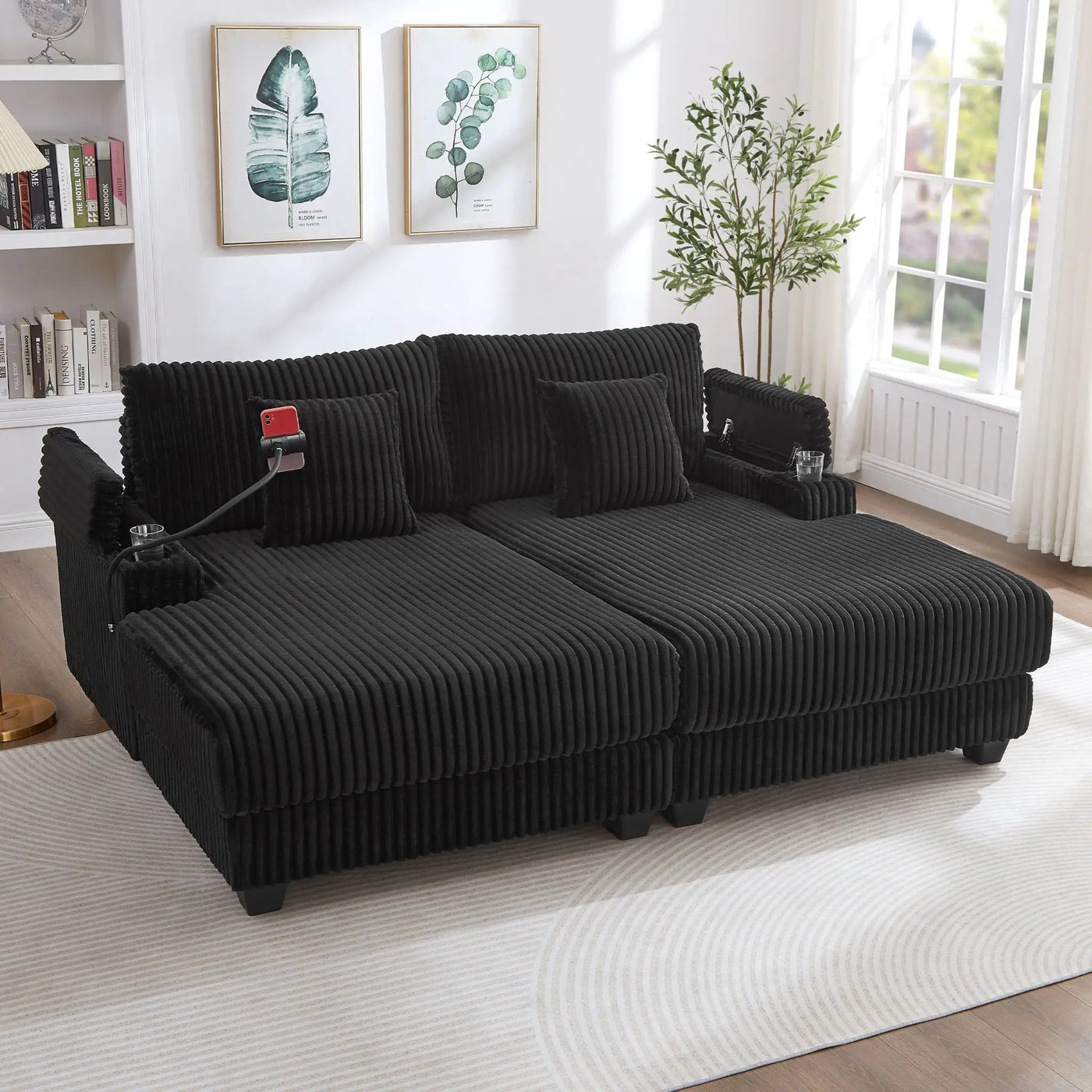 Modern Chaise Sofa With Adjustable Backrest, Cup Holders, Phone Holder & Storage Compartments For Living Room by Unique Piece Furniture