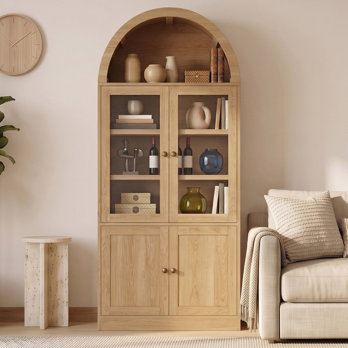 Tall Arched Top Storage Cabinet with Tempered Glass Doors - Natural or White, photo 4 of 10