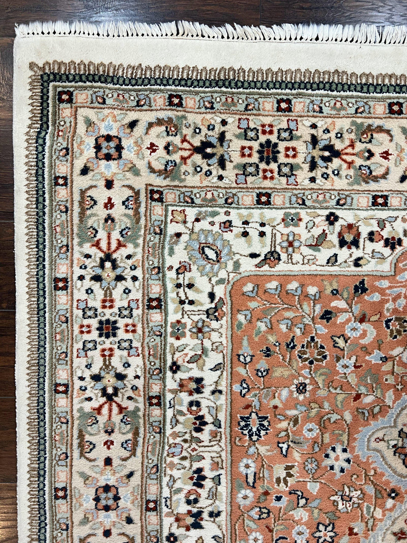 Indo Persian Rug 6x9, Wool Hand Knotted Vintage Carpet, Salmon & Ivory, Traditional Oriental Rug 6 x 9 by Jewel Rugs