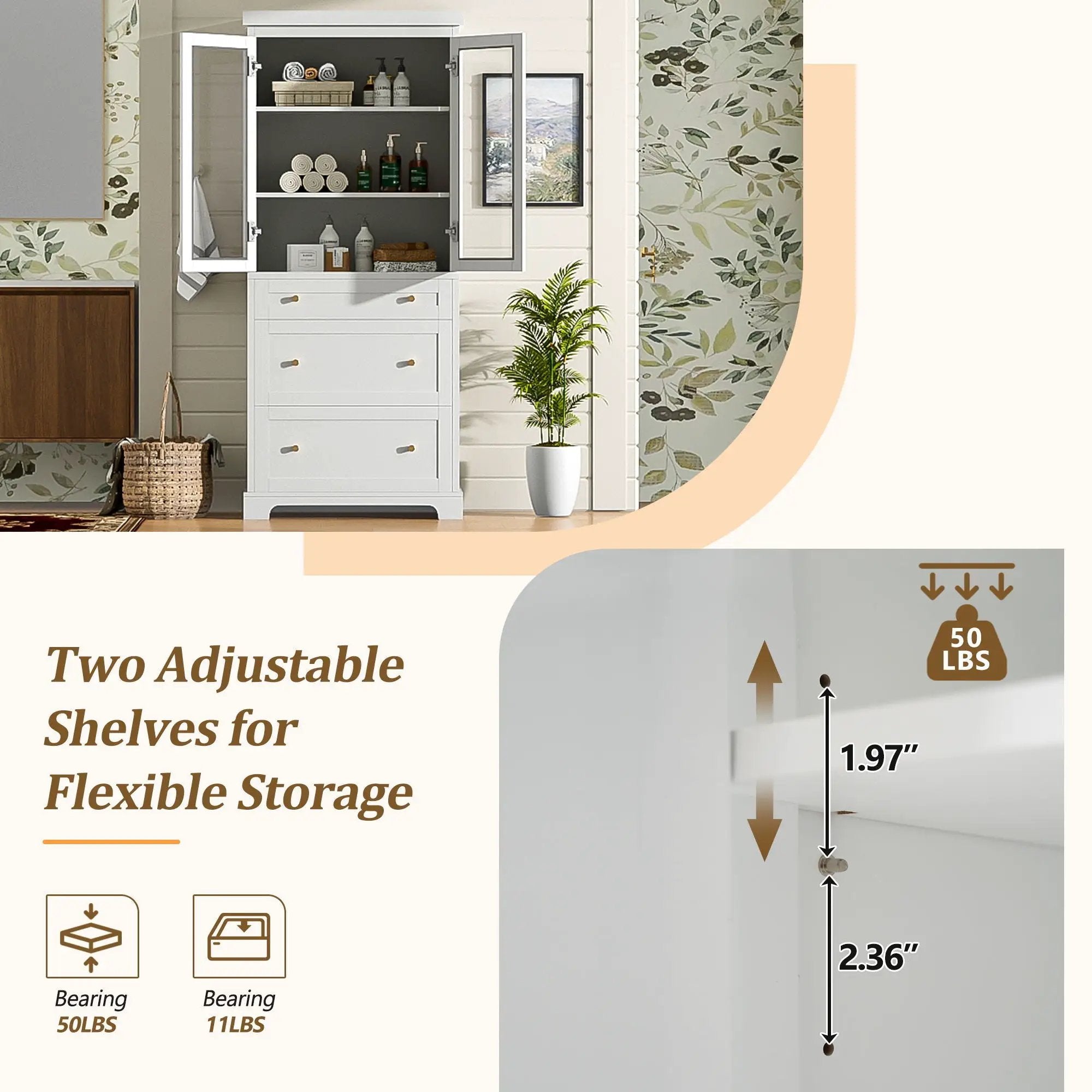Freestanding Tall Bathroom Cabinet With Adjustable Shelves, Drawers, Soft Close Glass Doors by HouseOfZazla