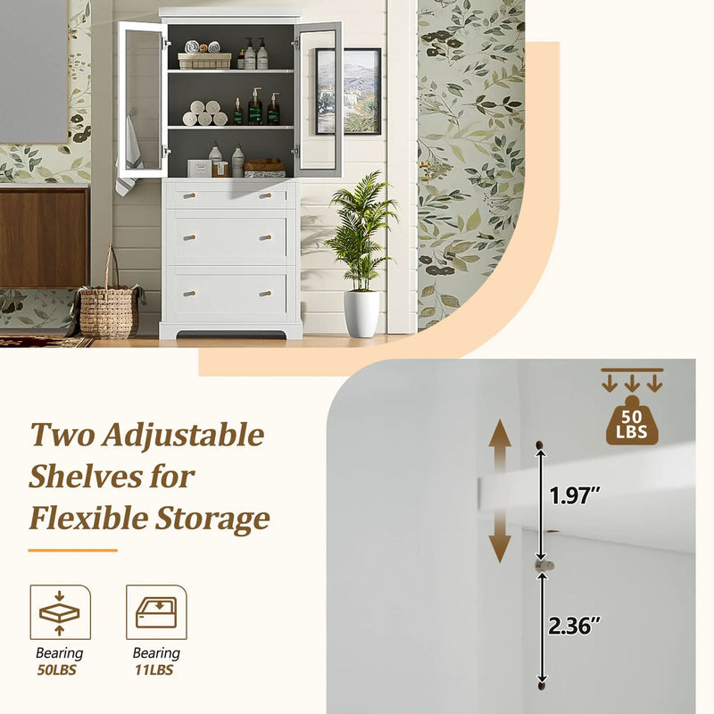 Freestanding Tall Bathroom Cabinet With Adjustable Shelves, Drawers, Soft Close Glass Doors by HouseOfZazla