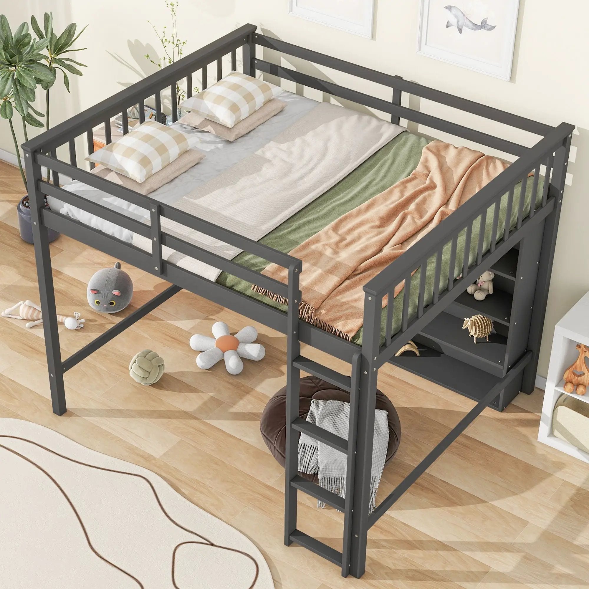 Loft Bed With 8 Open Storage Shelves And Built In Ladder by Unique Piece Furniture