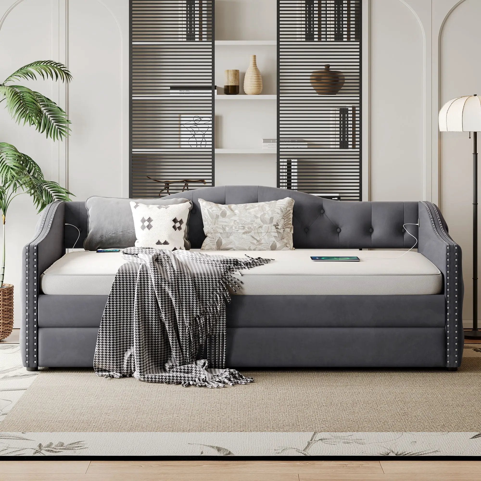 Twin Size Upholstered Daybed With Trundle And USB Charging Design For Bedroom - Gray by Unique Piece Furniture