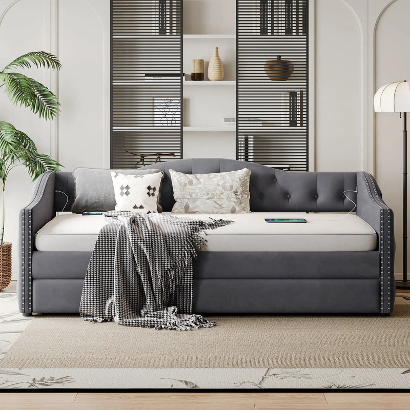 Twin Size Upholstered Daybed With Trundle And USB Charging Design For Bedroom - Gray by Unique Piece Furniture