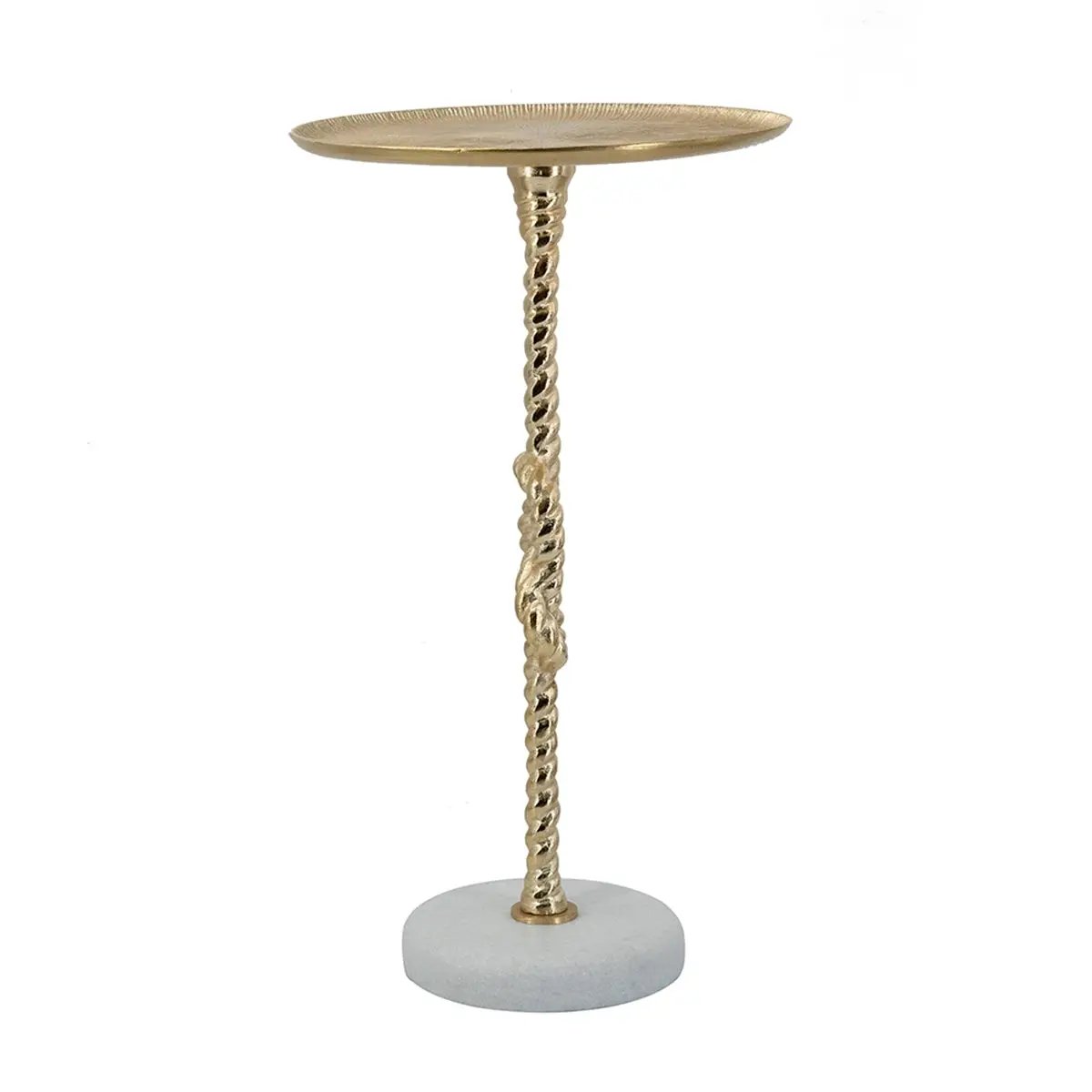 13.8x13.8x24 Gold Side Table with Rope Knot Design and White Marble Base by HouseOfZazla