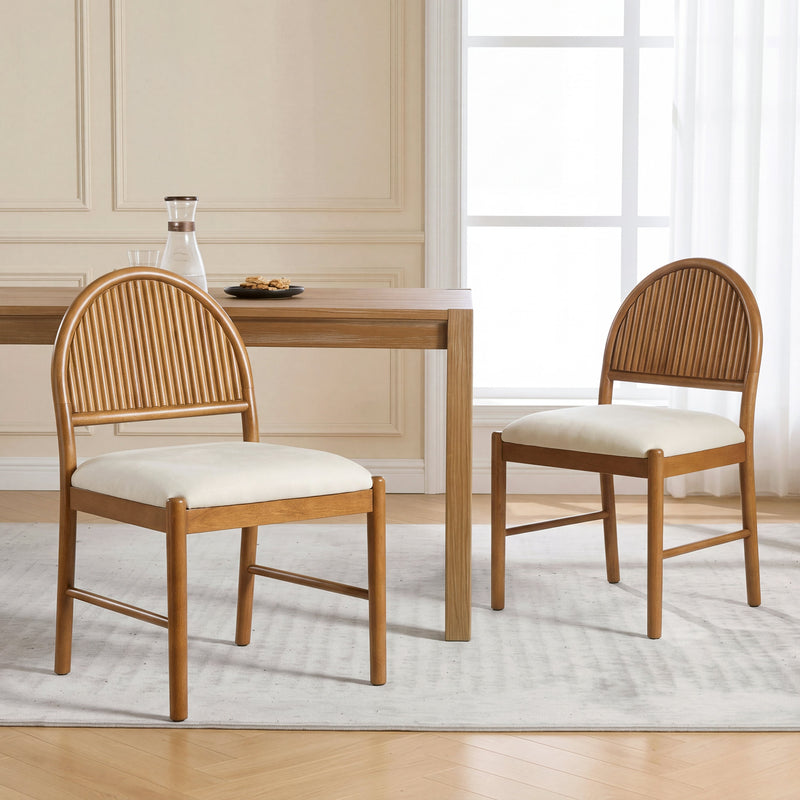 Rubber Wood Dining Chair with Fluted Backrest and Upholstered Seat - Beige