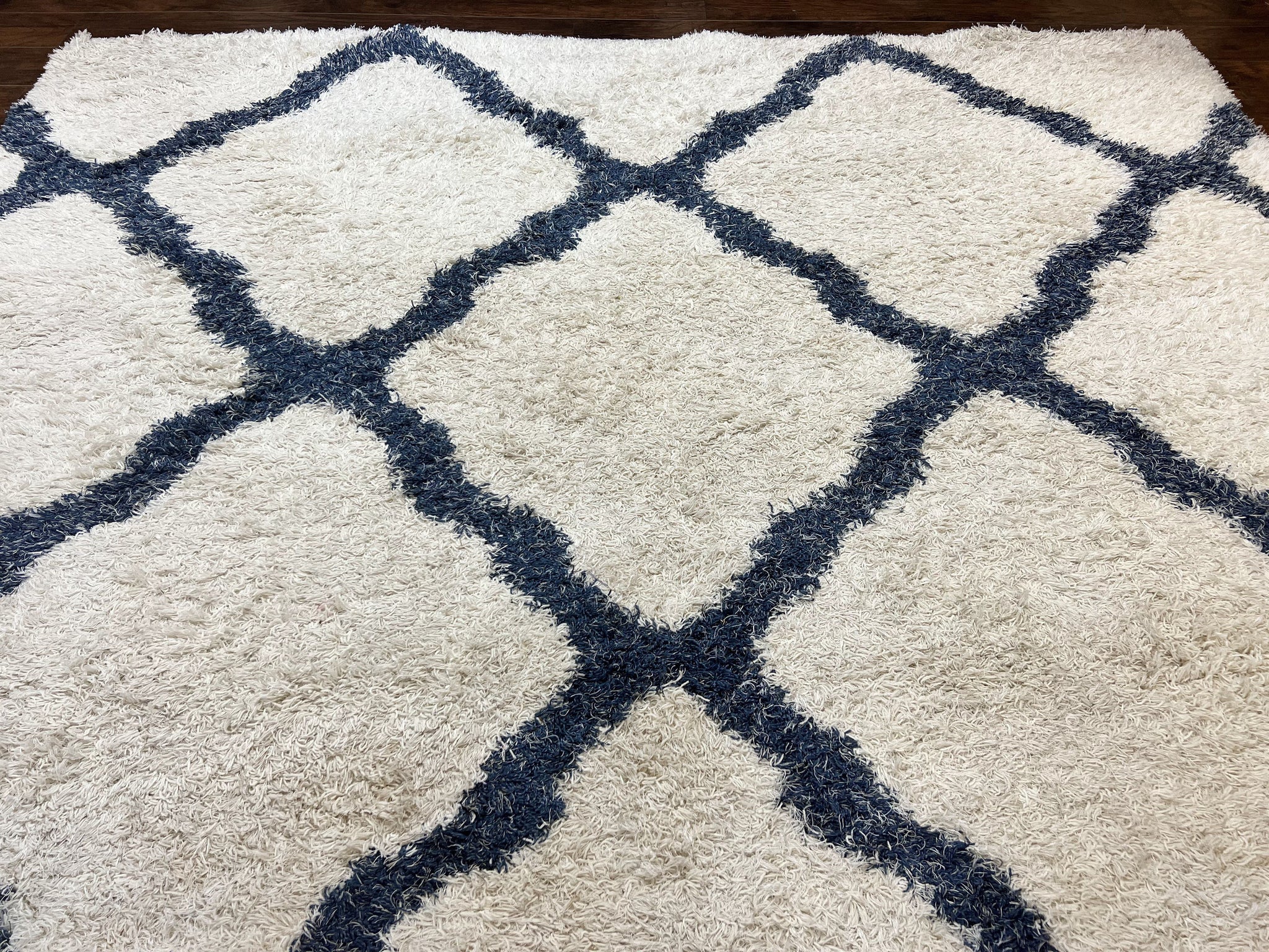 Modern Shag Rug 9x12, Ivory and Dark Blue, Diamond Pattern, Soft, Room Sized, Contemporary Rug, Plush by Jewel Rugs