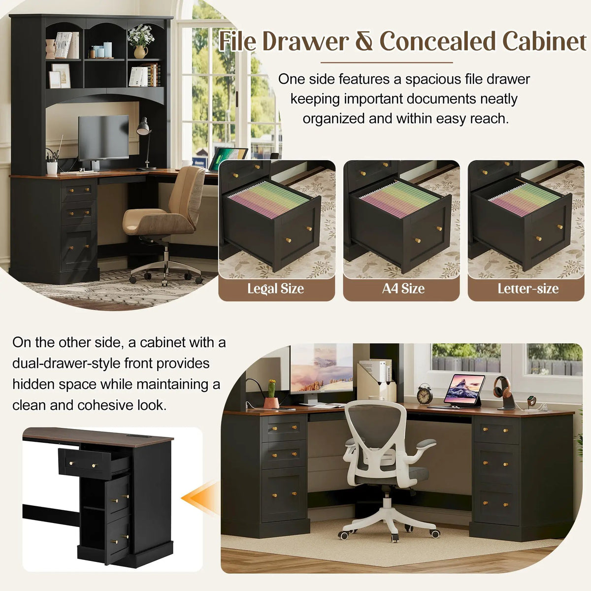 Space-Saving L-Shaped Computer Desk with Keyboard Tray & Charging Stations by HouseOfZazla