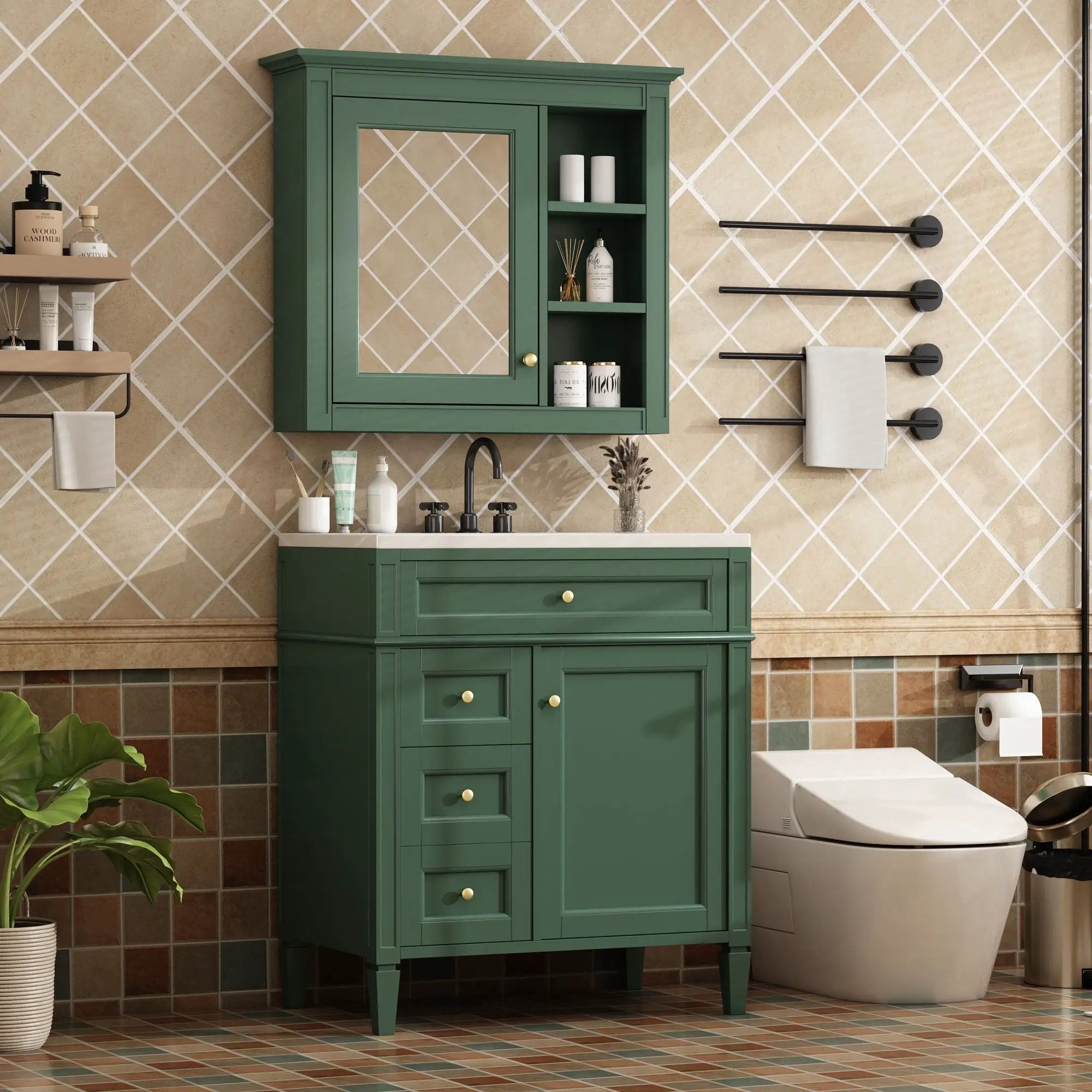 Bathroom Vanity With Medicine Cabinet, Royal Mirror Cabinet, Modern Bathroom Storage Cabinet With 2 Soft Closing Doors And 4 Drawers by HouseOfZazla
