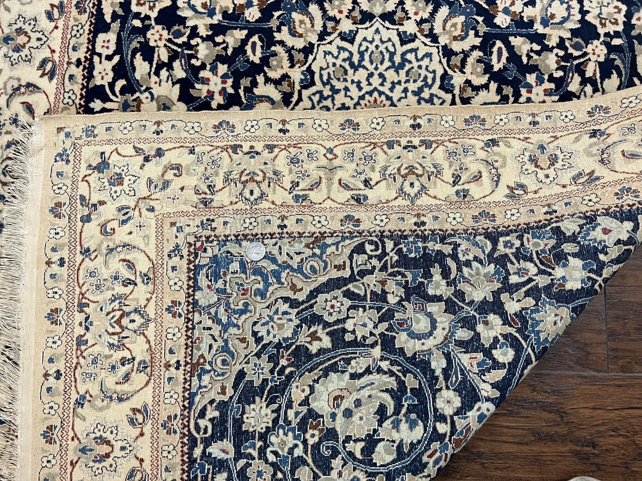 Very Fine Persian Nain Rug 3.7 x 6, Floral Medallion, Wool and Silk Accents, Highly Detailed, Hand Knotted Oriental Carpet, Navy Blue Ivory/Cream by Jewel Rugs