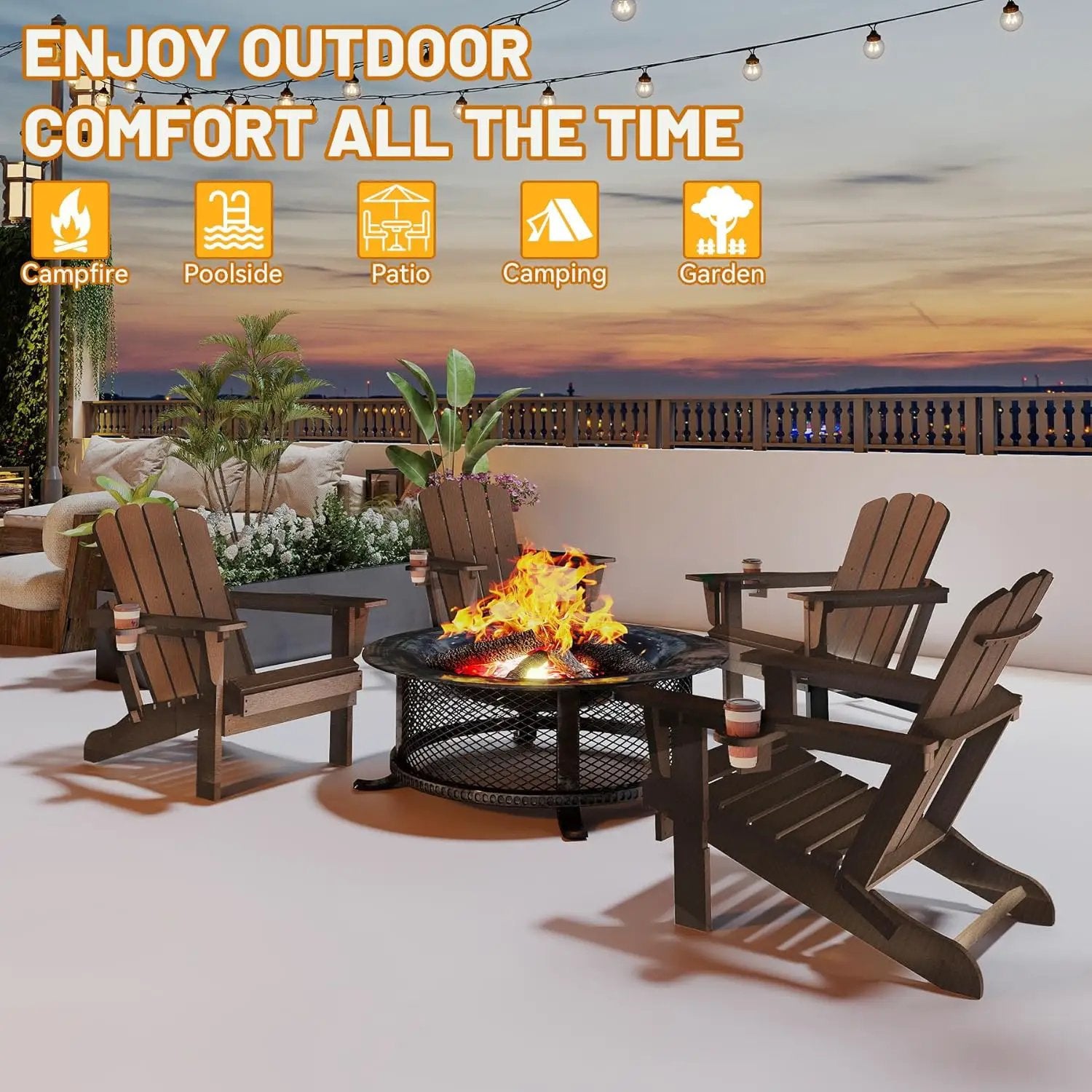 Adirondack Chairs Set of 2 with Cup Holder - Brown HDPE Outdoor Chairs by HouseOfZazla
