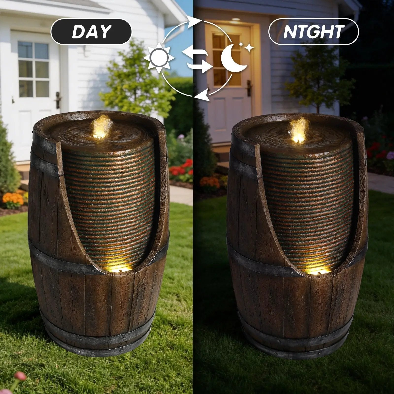 Outdoor Barrel Water Fountain with Rustic Wood Look Resin by HouseOfZazla