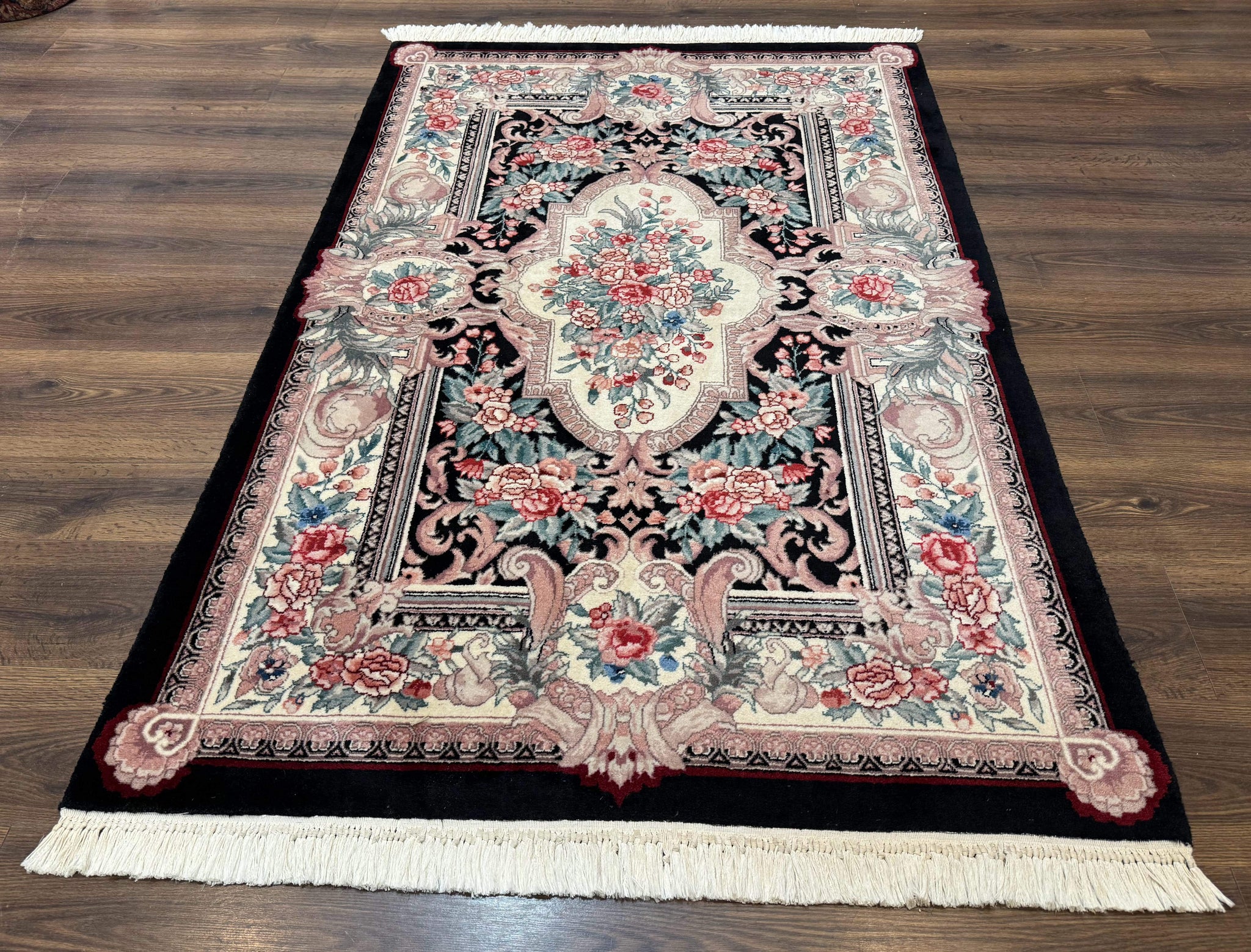 Aubusson Rug 4x6, Elegant European Floral Design, Black and Ivory, Fine 200 KPSI by Jewel Rugs