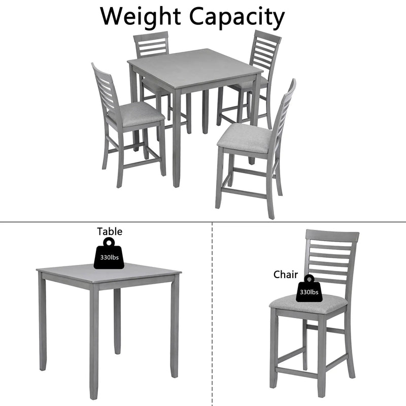 5 Piece Dining Table Set, Wooden Dining Square Table Set For 4, Counter Height Kitchen Table Set With Square Table And 4 Upholstered Chairs - Gray by Unique Piece Furniture