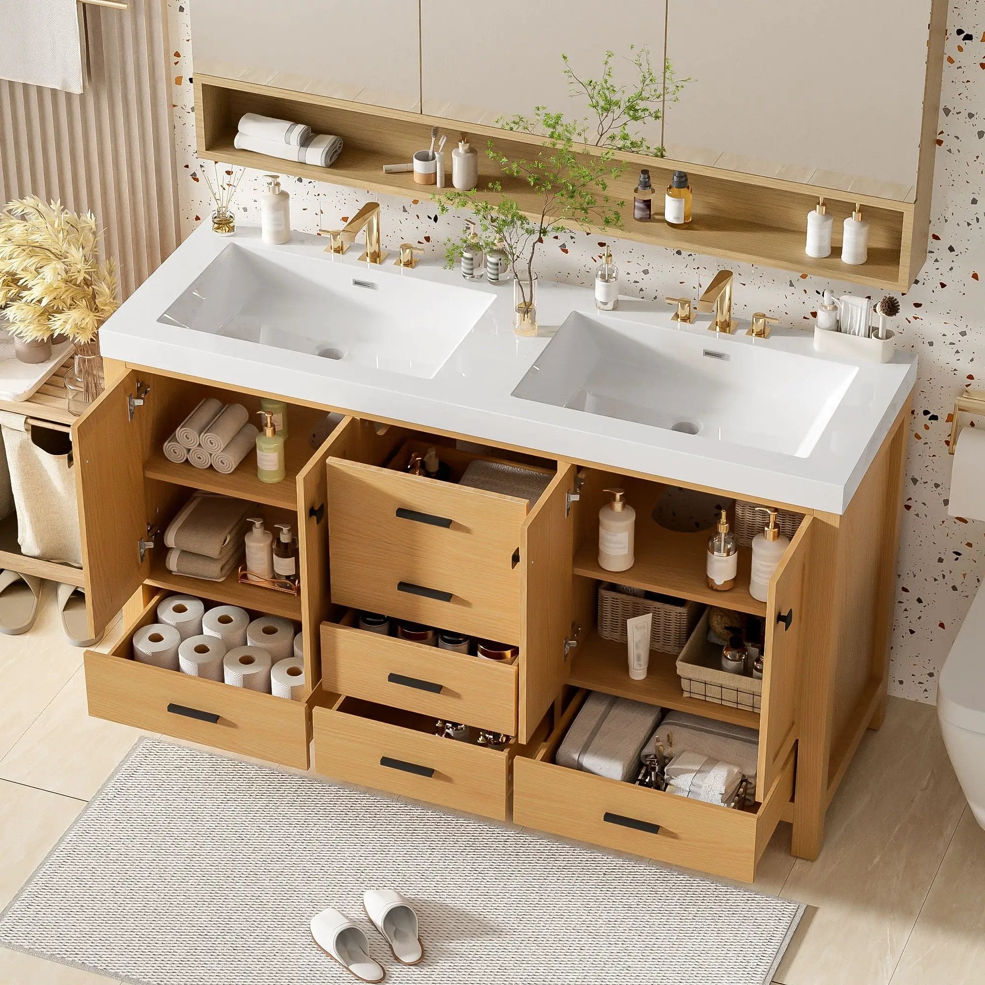 Bathroom Vanity With Double Sink, Soft Close Doors & Drawers Handles - Wood by HouseOfZazla