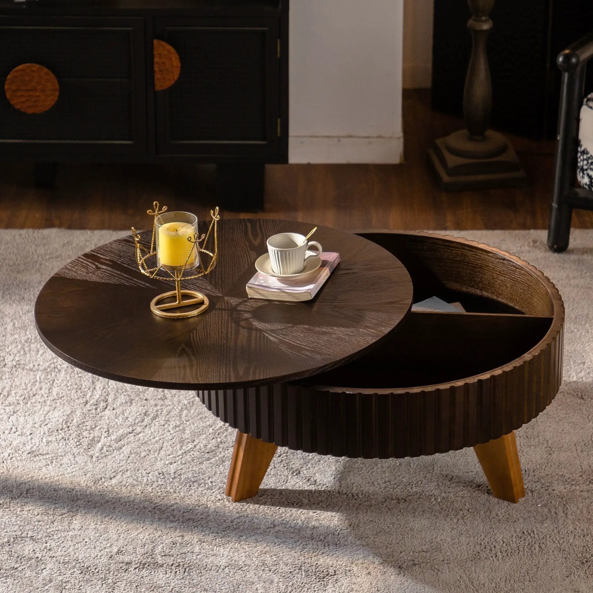 Round Retro Coffee With Solid Wood Legs by Unique Piece Furniture