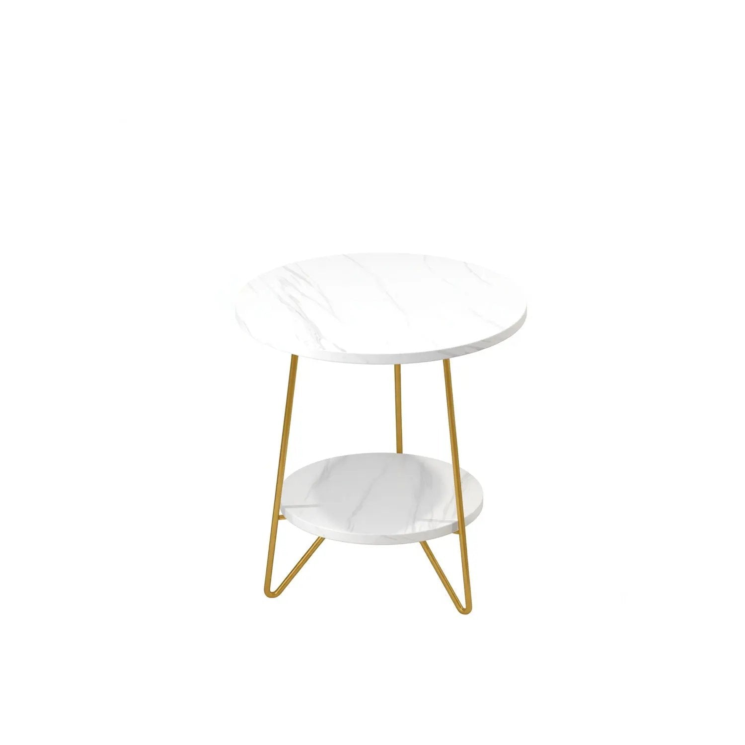 Round End Table With Hairpin Legs, 2 Tier For Living Room - White / Gold by HouseOfZazla