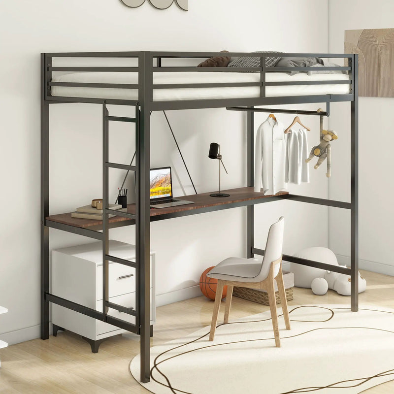 Adam - Twin Loft Bunk Bed With Cinnamon Wood Desk And Closet Rod - Black by Unique Piece Furniture