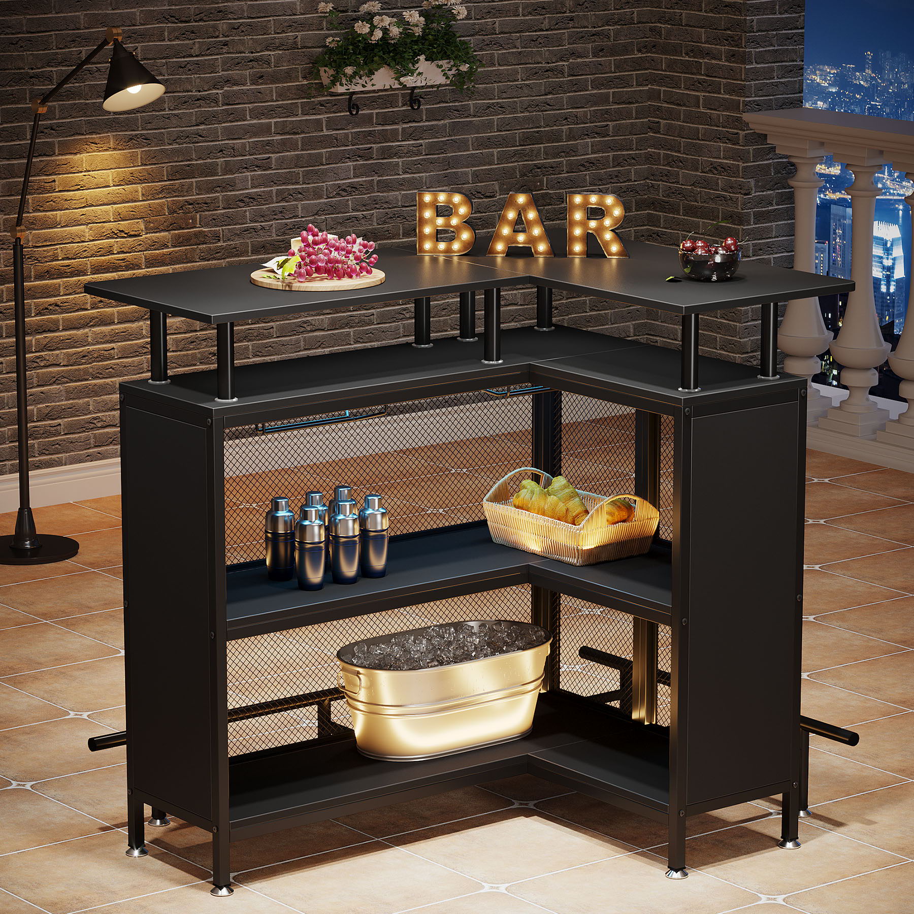 L Shaped Home Mini Bar Table With 2 Tier Shelves & Glass Racks - Black by HouseOfZazla