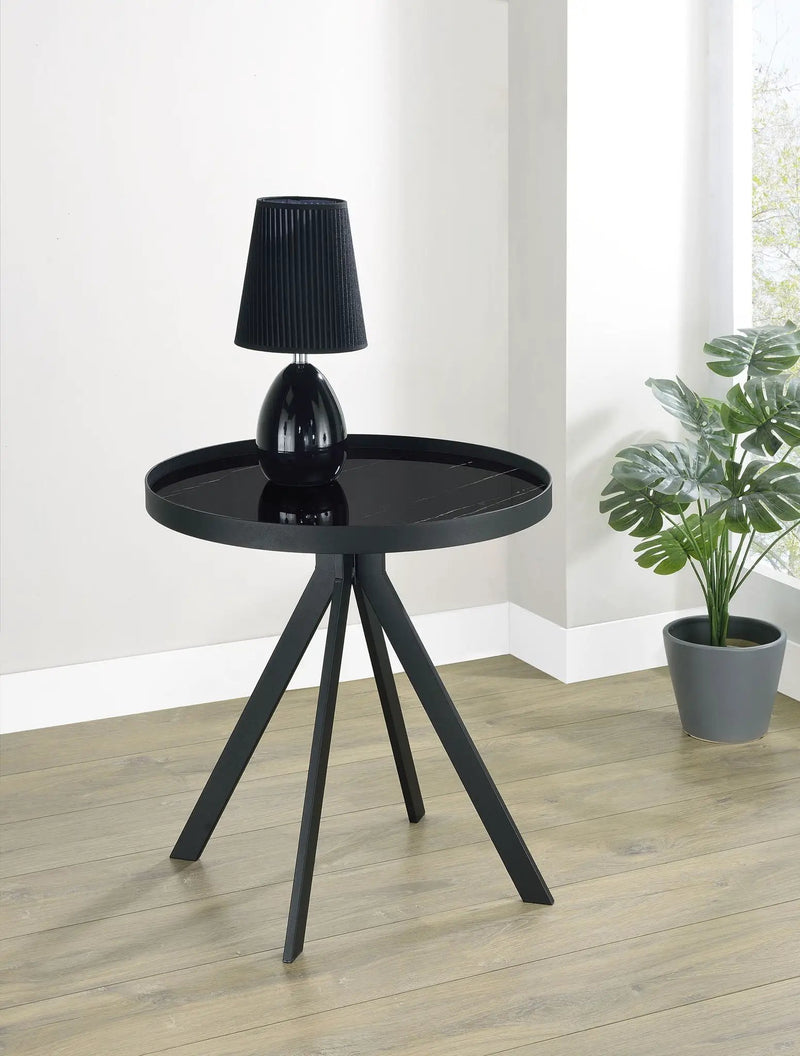 Briggs Round Marble Printed Glass Top End Table Black by Unique Piece Furniture