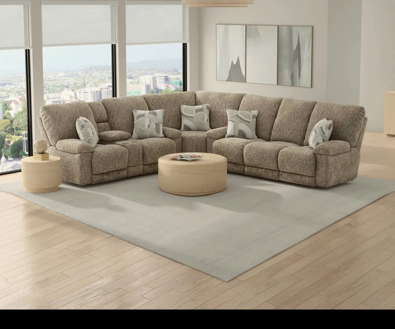 Beacon - Lay Flat Triple Recliner With DropDown Table / Storage Arm / Extended Ottoman - Mushroom by Unique Piece Furniture