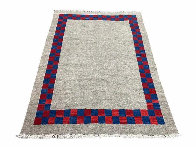 5' 7" x 7' 9" Geometric Kilim Carpet, Gray, Handmade, Hand-Knotted Area Rug, Blue & Red, Flatweave, Wool, New, Checkerboard Pattern by Jewel Rugs