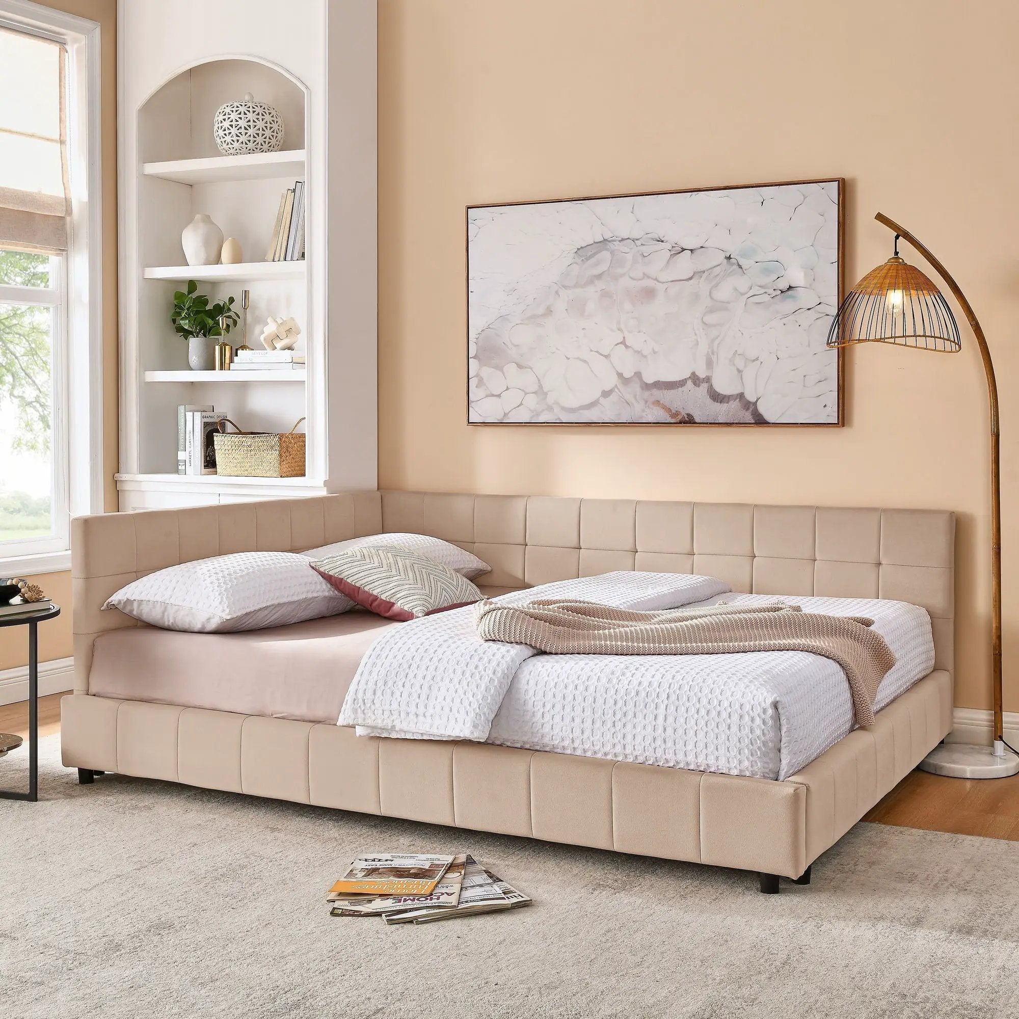 Mid-Century Storage Upholstered Tufted Bed Frame With Backrest And Armrests by HouseOfZazla