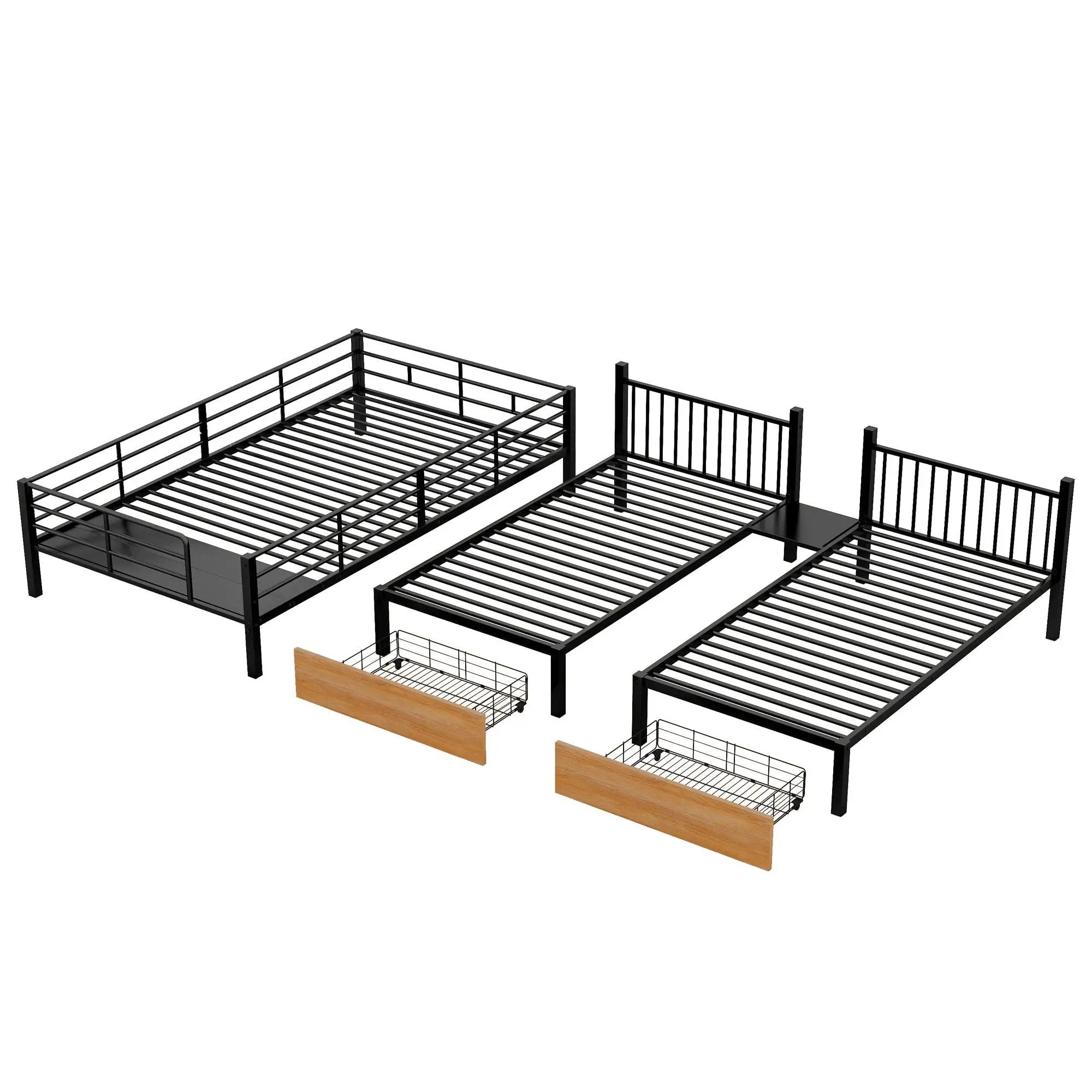Full Over Twin-Twin Triple Bunk Bed With Drawers And Staircase - Black by HouseOfZazla