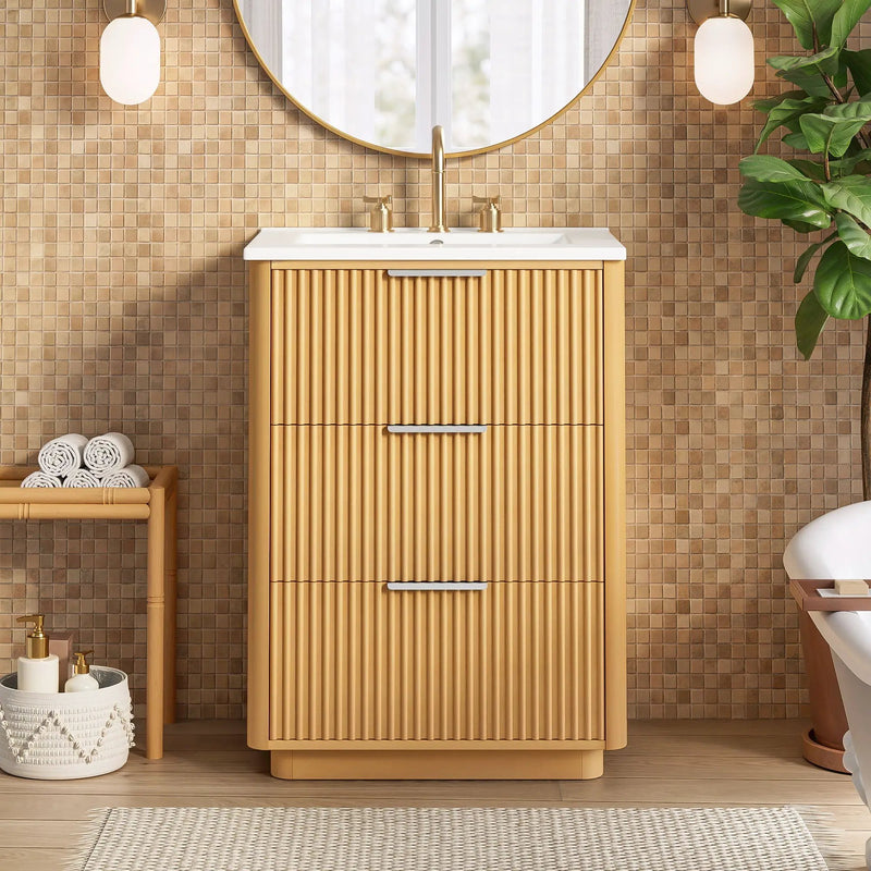 Bathroom Vanity With Sink, Open Shelf & Closed Storage - Natural Wood by HouseOfZazla