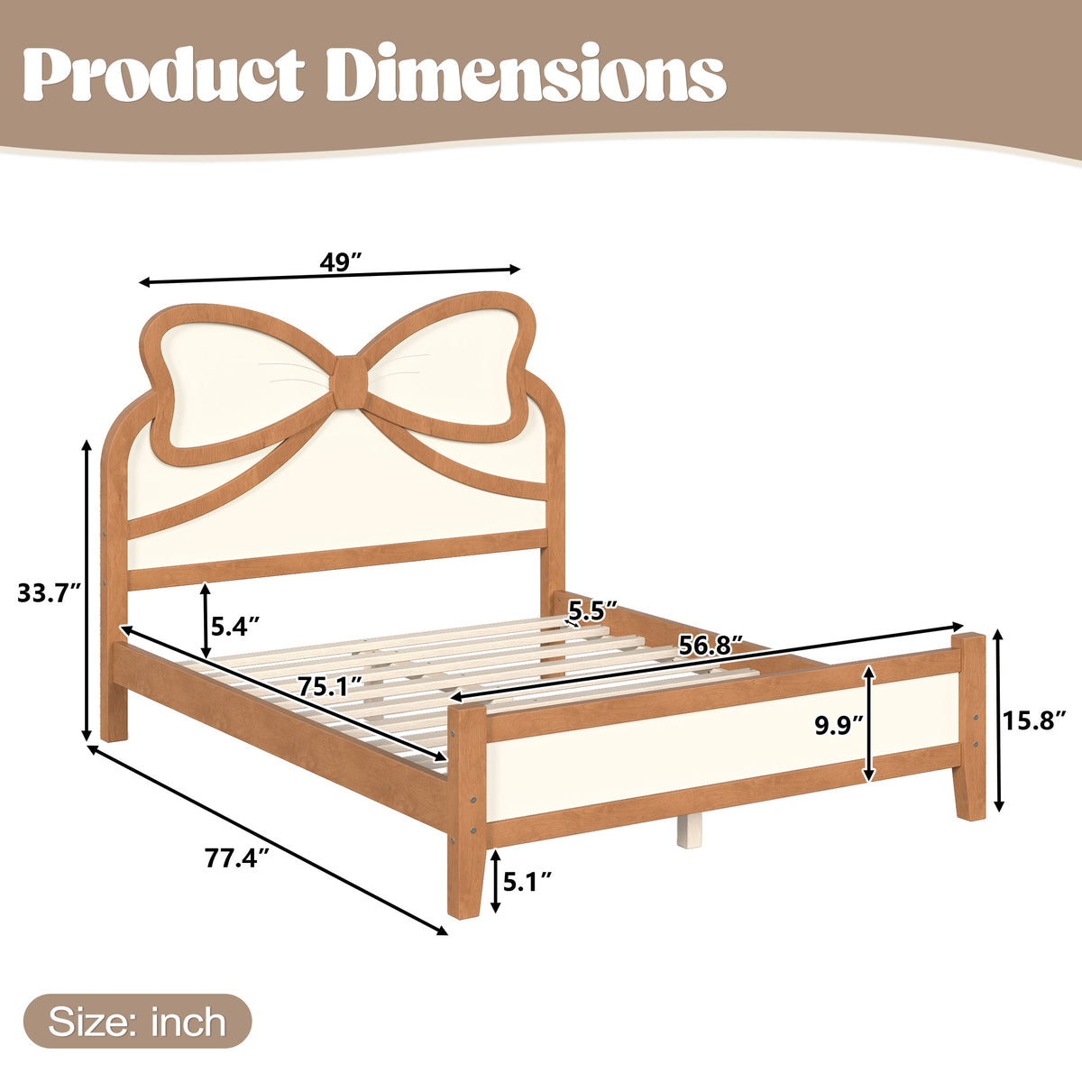 Full Size Wooden Platform Bed with Bow Headboard, Solid Wood Bed Frame with Slatted Support, Low Profile Platform Bed for Kid Teens Girls, No Box Spring Needed,Beige&Natural, photo 5 of 10