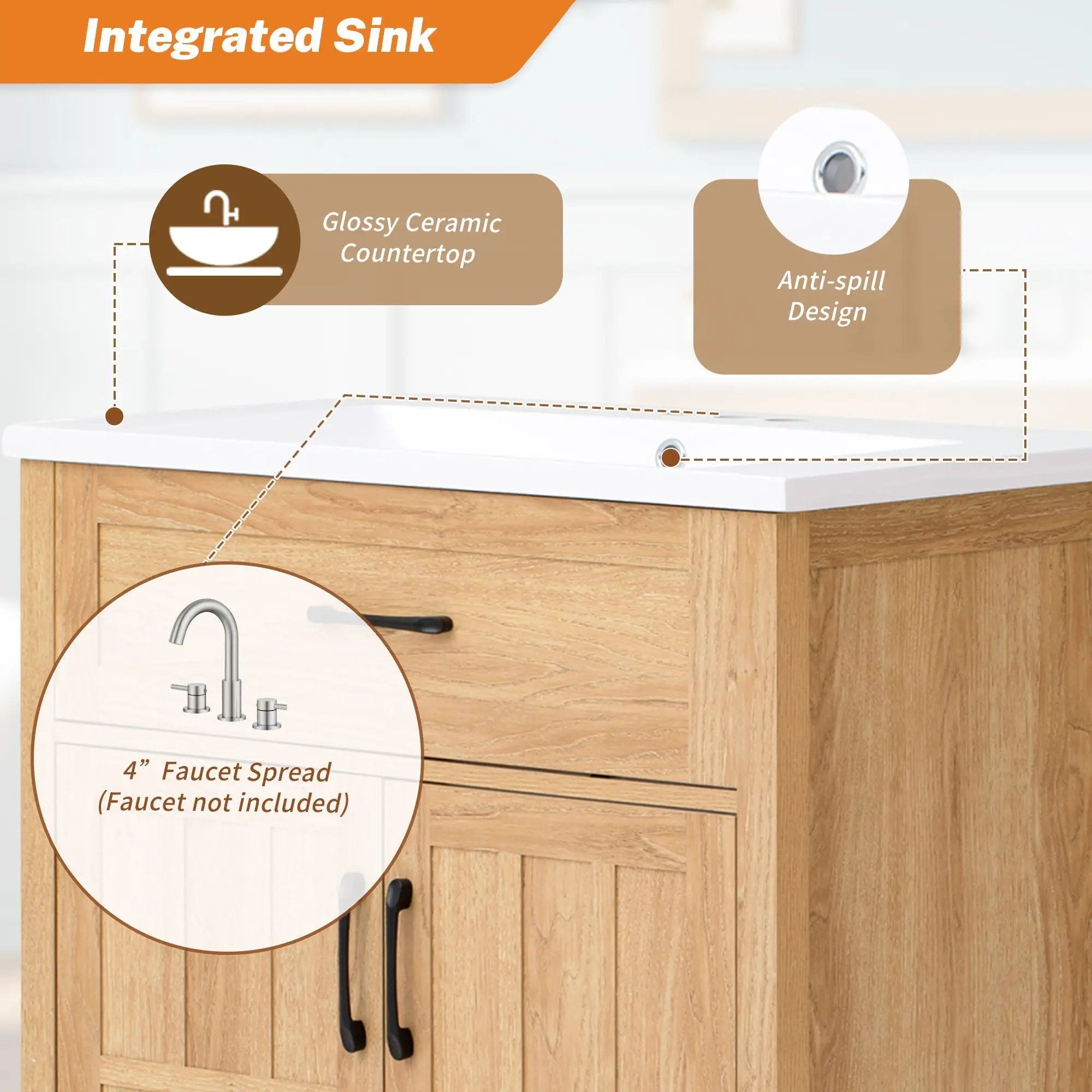 Bathroom Vanity With Sink, Adjustable Shelf & Door Organizers - Walnut by Unique Piece Furniture