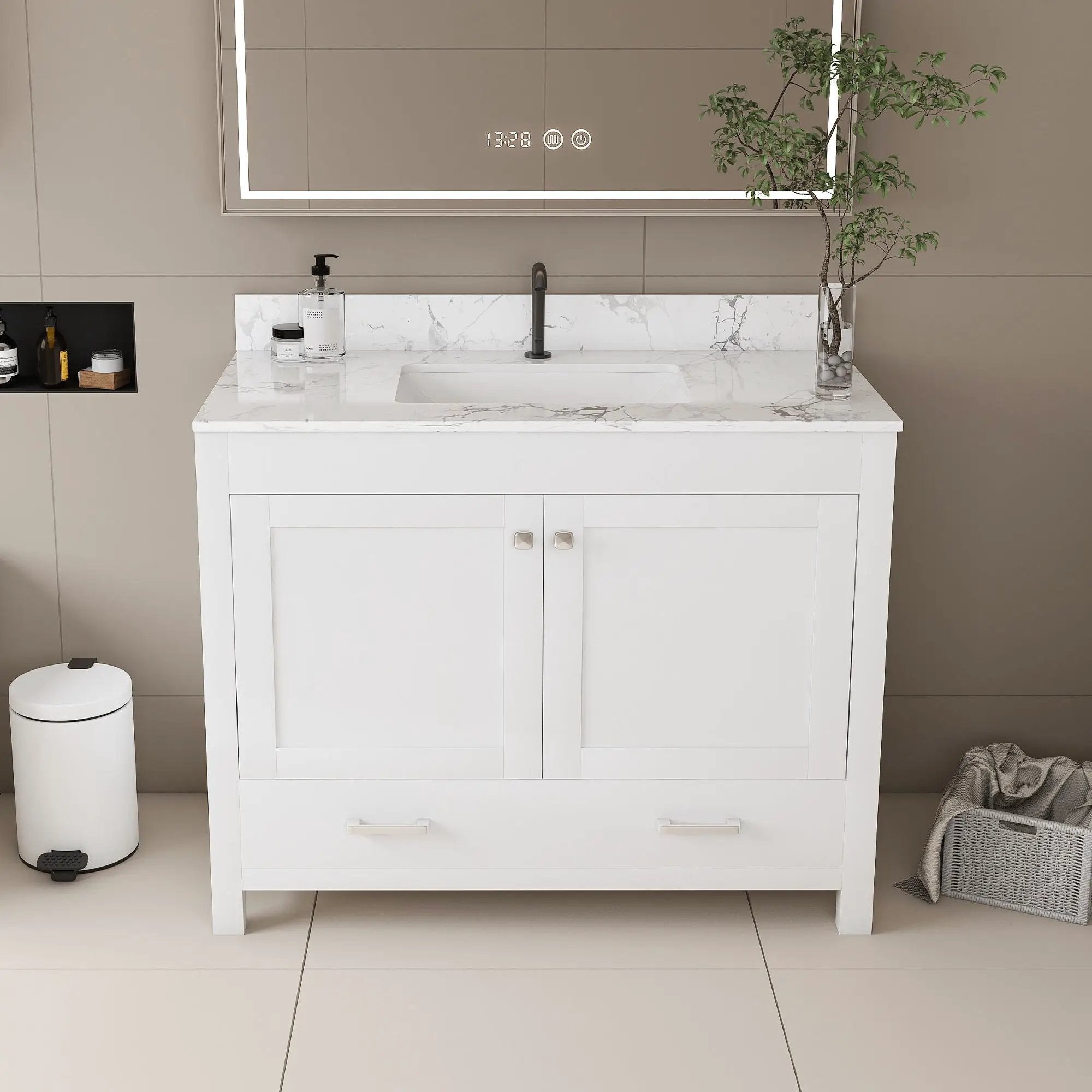 43" Bathroom Vanity With Artificial Marble Carrara Top Set, Multi Functional Cabinet With Doors And Drawer - White by HouseOfZazla