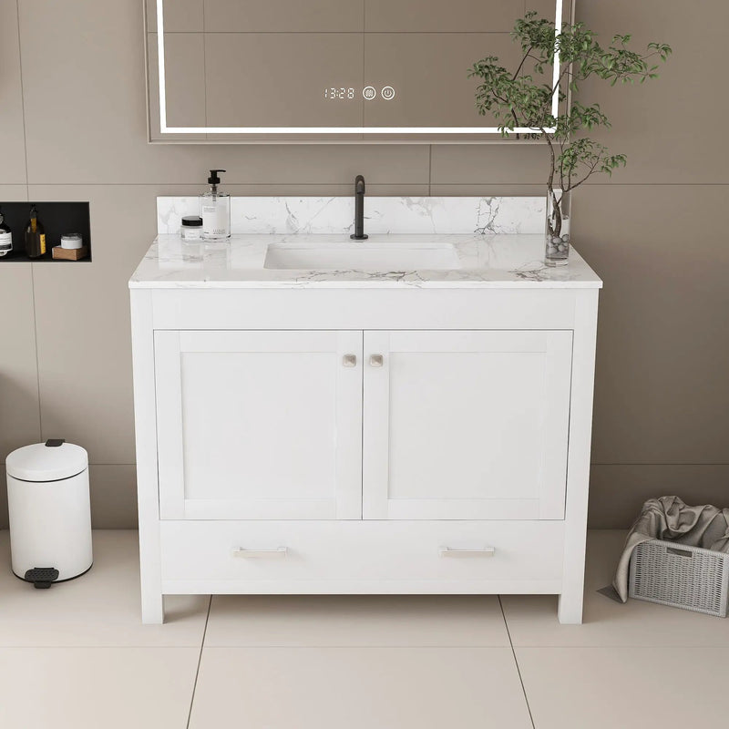 43" Bathroom Vanity With Artificial Marble Carrara Top Set, Multi Functional Cabinet With Doors And Drawer - White by HouseOfZazla