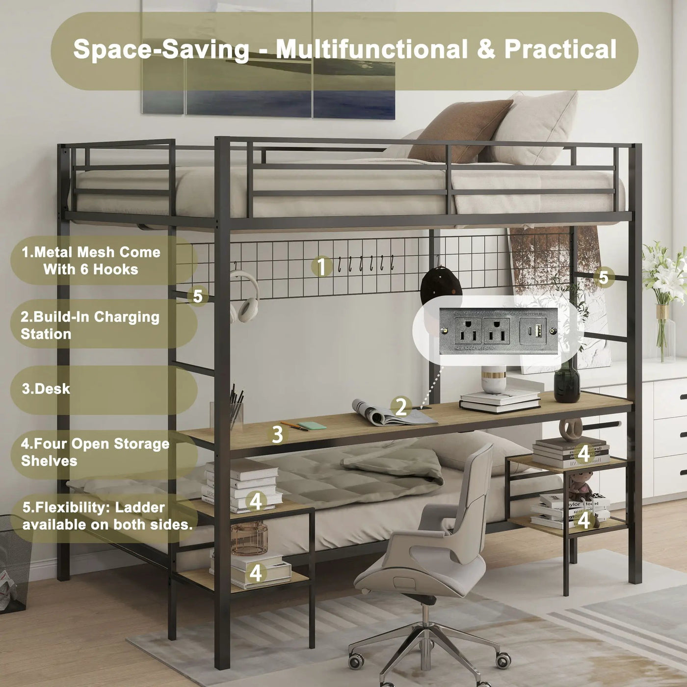 Ethan - Bunk Bed With Desk, Charging Station, Storage Shelves by HouseOfZazla