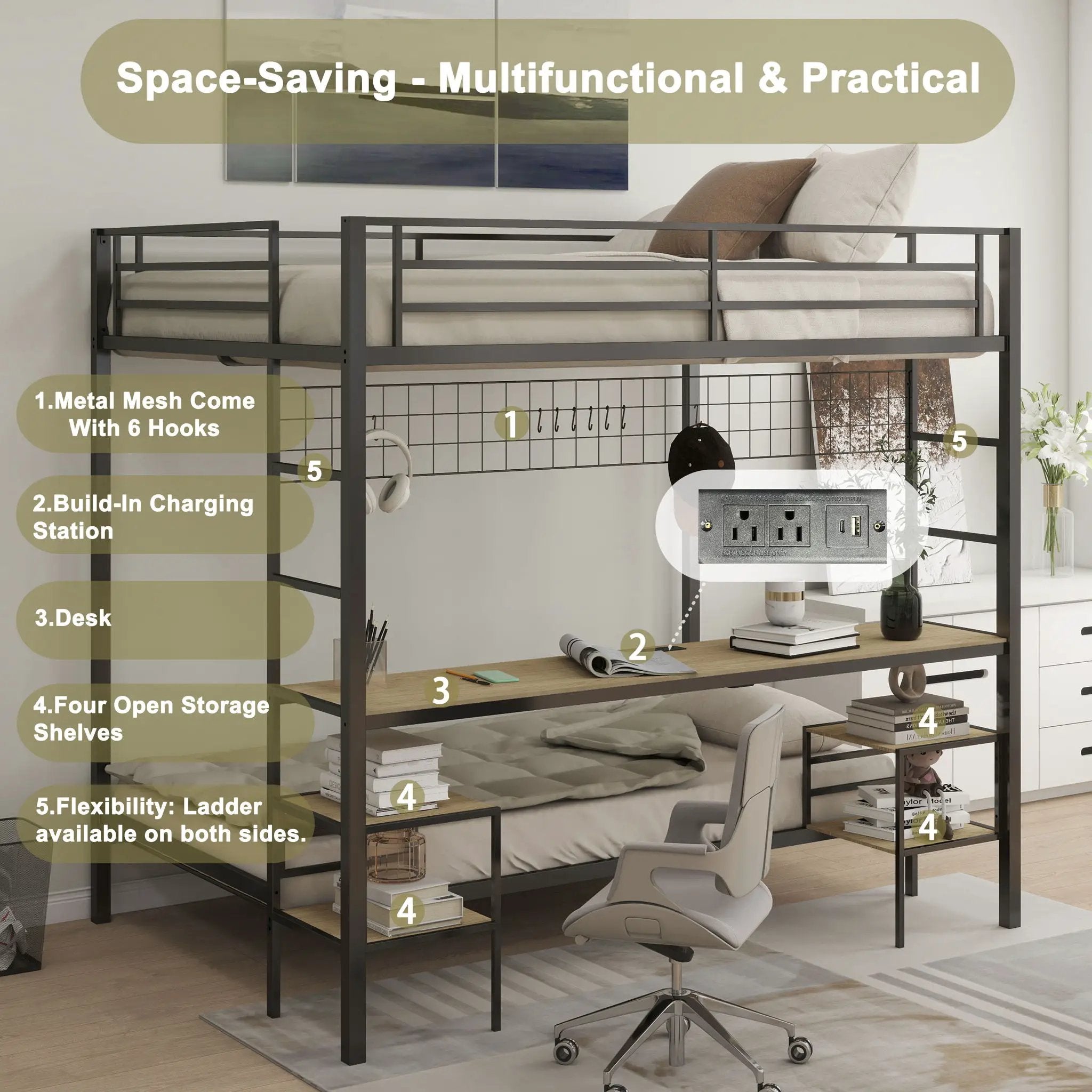 Ethan - Bunk Bed With Desk, Charging Station, Storage Shelves