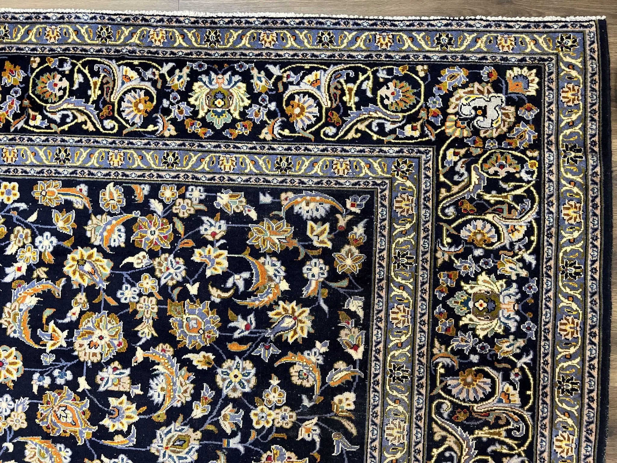 Wonderful Navy Blue Persian Kashan Rug 11x13, Allover Floral Design with Central Medallion, Wool Hand-Knotted Antique Carpet, Signed Rabani Rug by Jewel Rugs