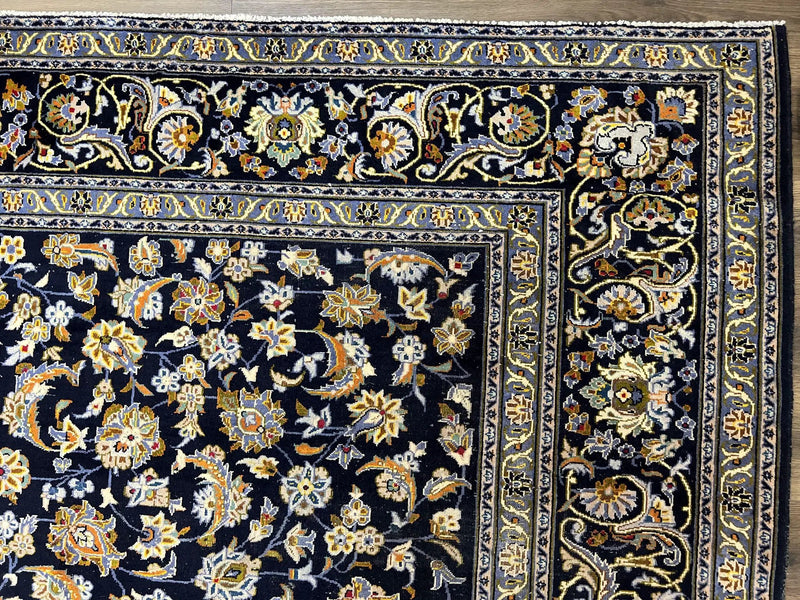 Wonderful Navy Blue Persian Kashan Rug 11x13, Allover Floral Design with Central Medallion, Wool Hand-Knotted Antique Carpet, Signed Rabani Rug by Jewel Rugs