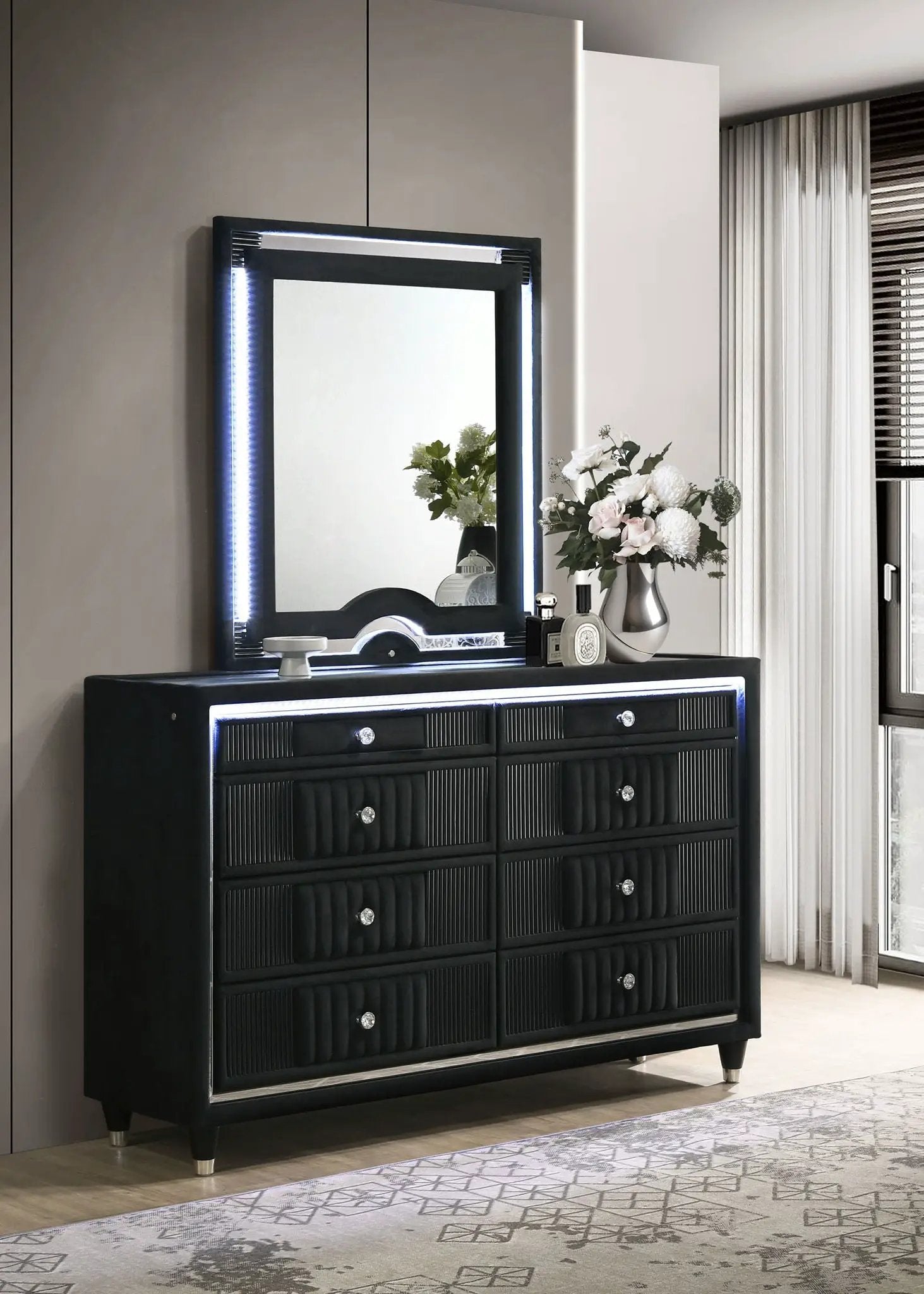 Ravenne 6-drawer Velvet Upholstered LED Dresser and Mirror Black by Unique Piece Furniture