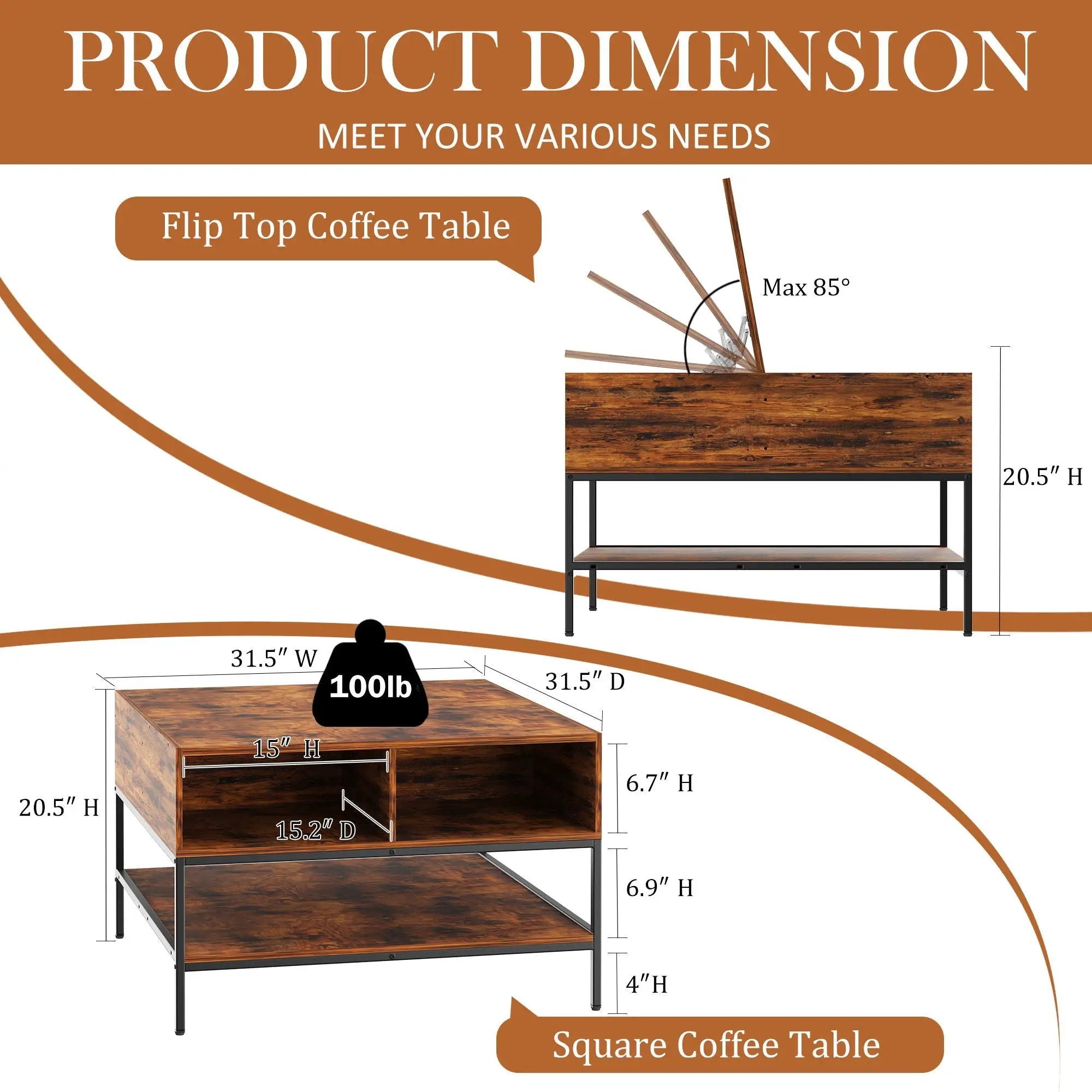 Rustic Flip Top Coffee Table With Hidden Storage - Black / Brown by HouseOfZazla