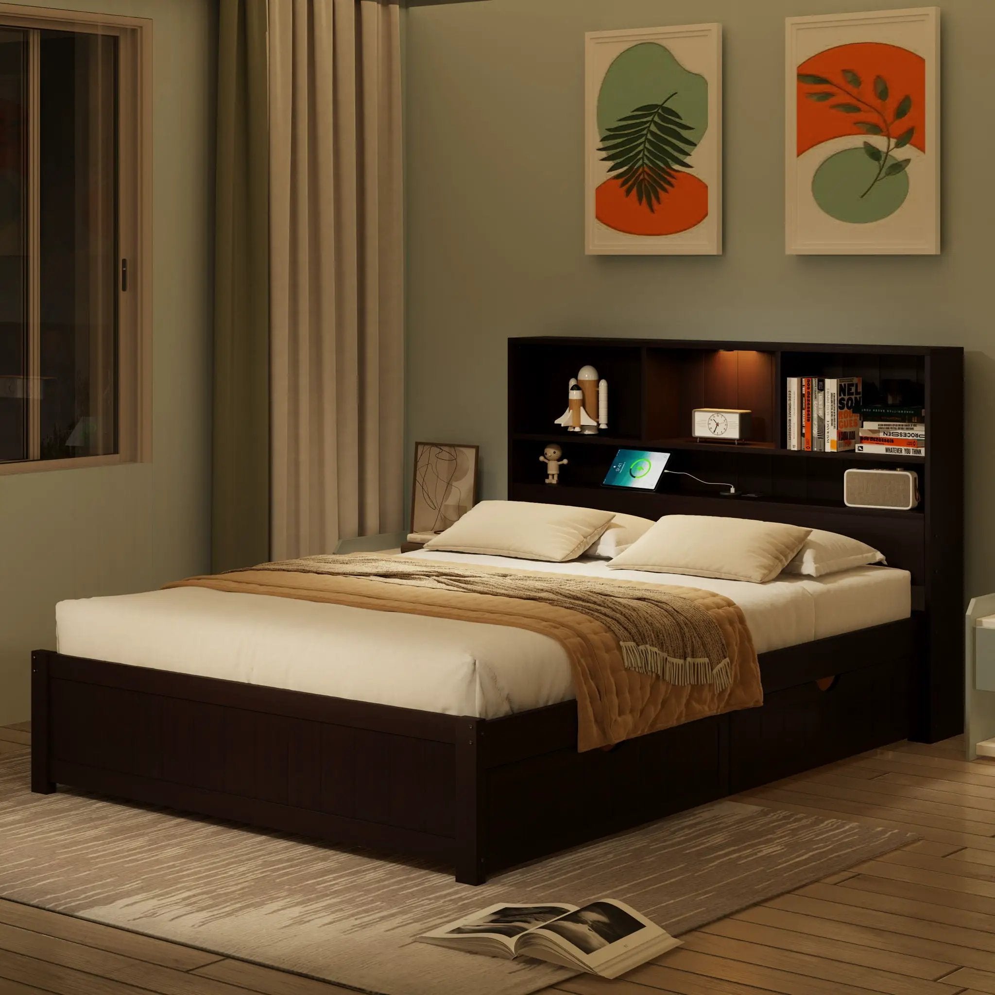 Platform Bed With Bookcase Headboard, Built-In Downlight, Charging Station, And 2 Side Drawers by Unique Piece Furniture