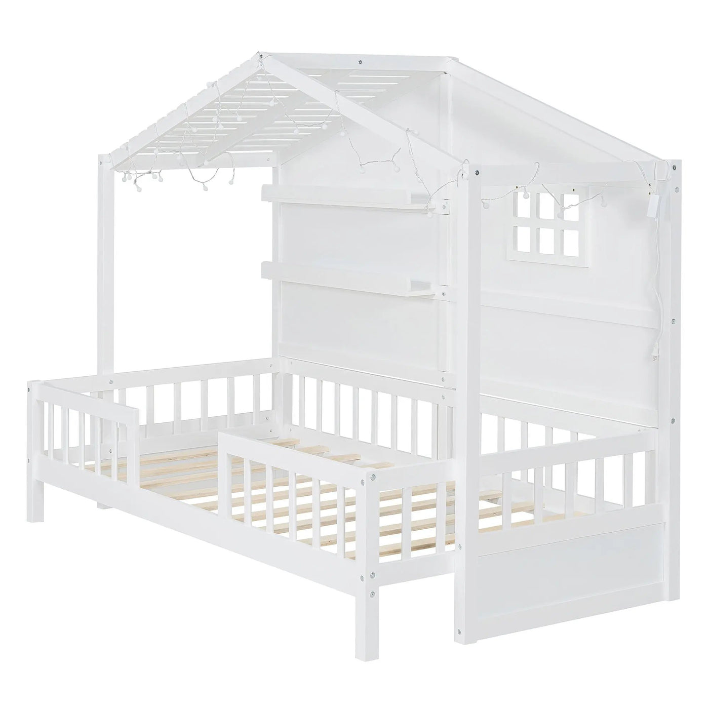 House Bed With Shelves, Window And Sparkling Light Strip On The Roof by Unique Piece Furniture