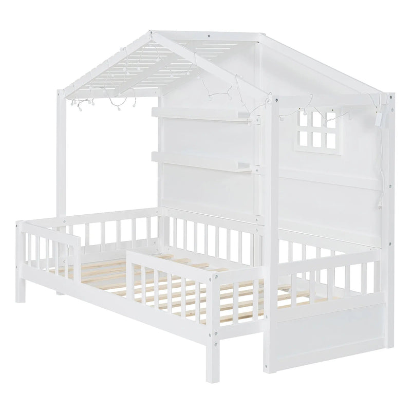 House Bed With Shelves, Window And Sparkling Light Strip On The Roof by Unique Piece Furniture