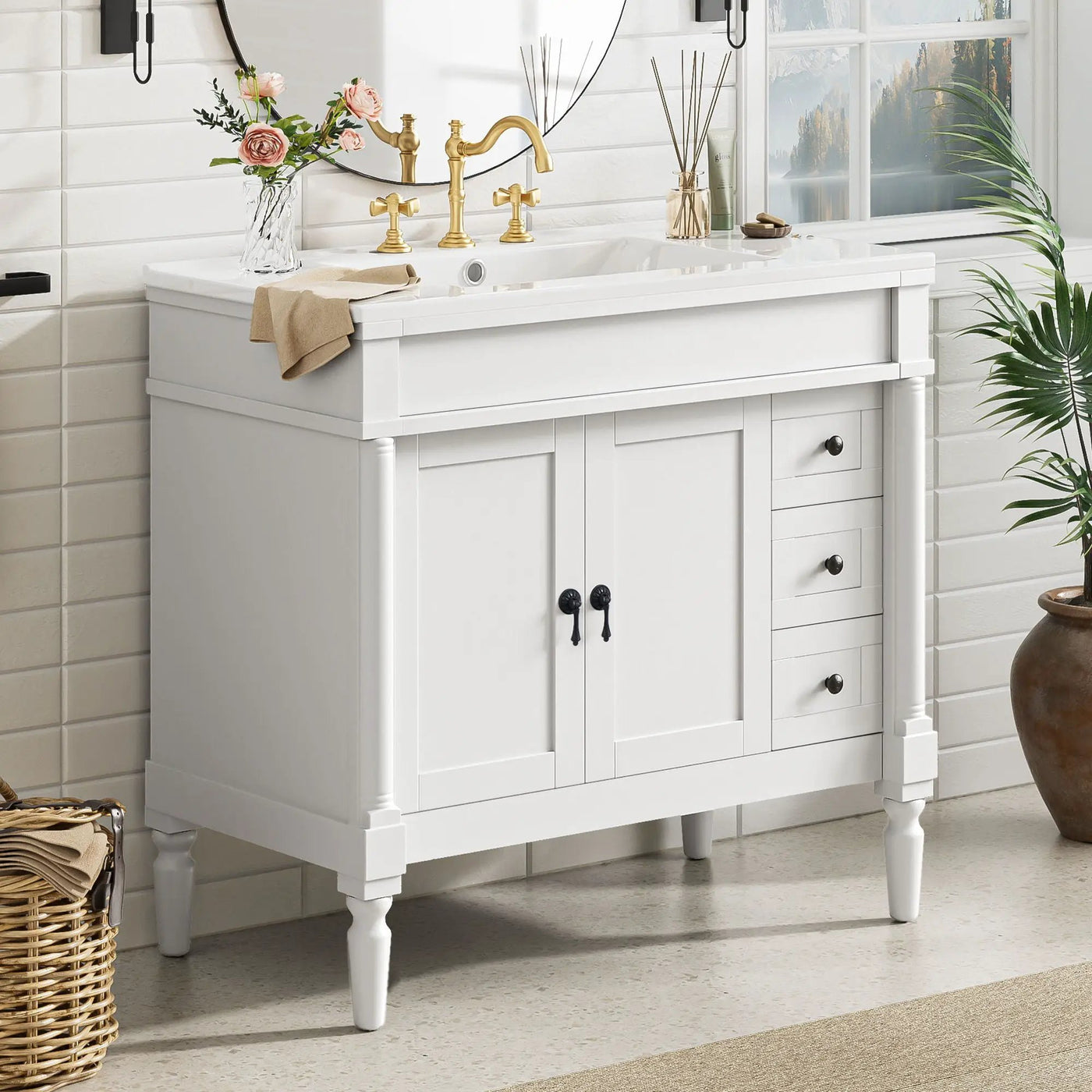 Bathroom Vanity With Ceramic Sink, 2 Doors 3 Drawers, Soft Close Design by Unique Piece Furniture