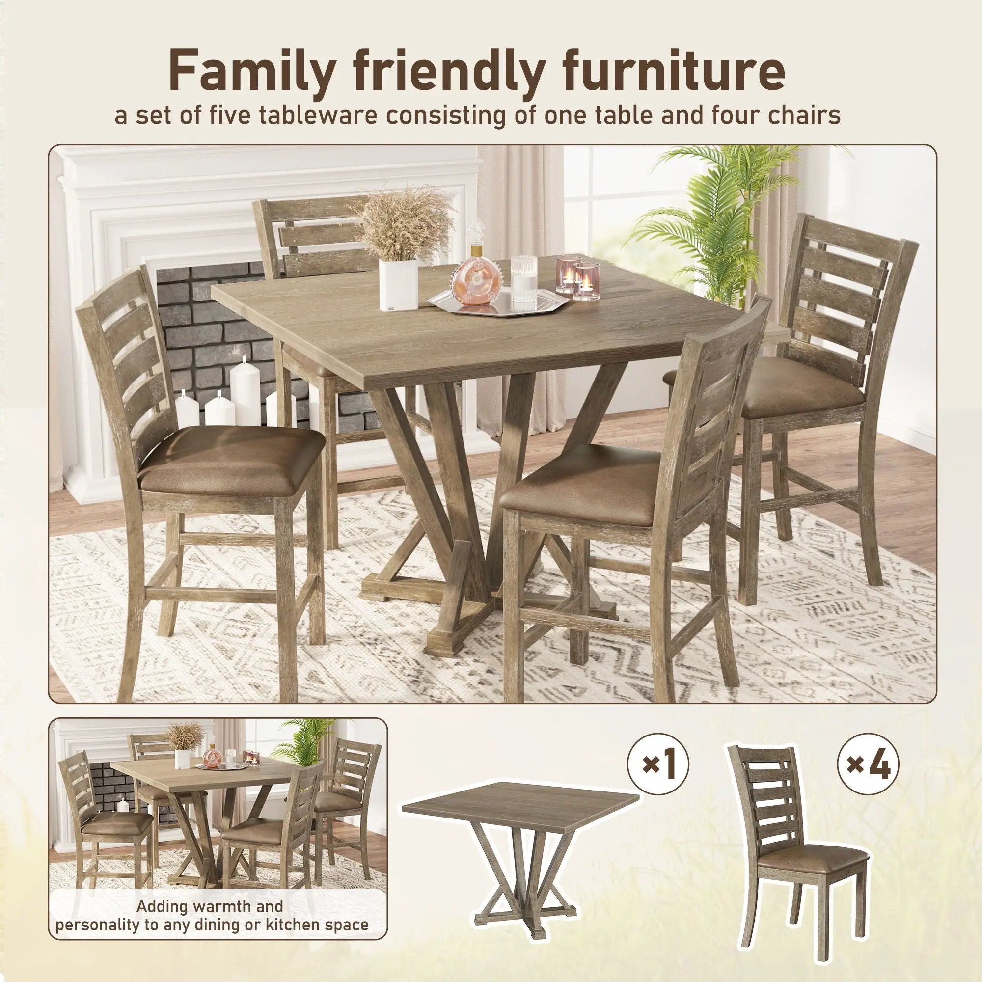 5 Pieces Set Counter Table Set Square Counter Table Solid Wood Modern Farmhouse Rustic Look Distressed Look - Grayish Brown by HouseOfZazla