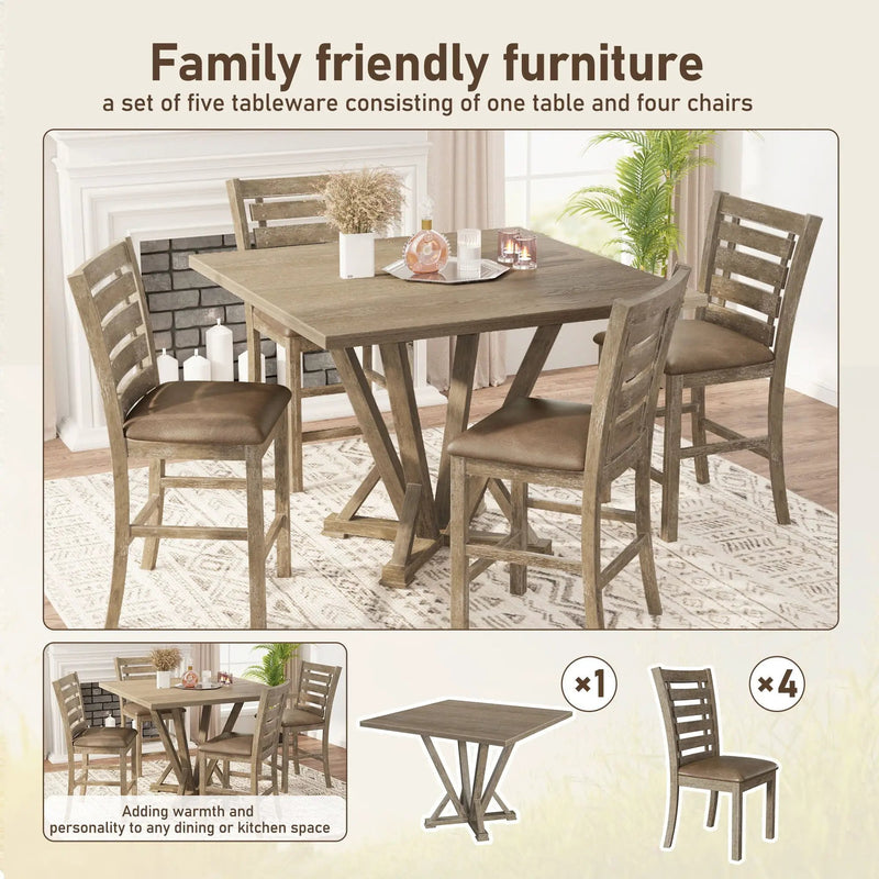 Modern Farmhouse Square Counter Table Solid Wood Rubberwood Antique Finishing Rustic Look Distressed Look Wire Brushed For 4 Seaters - Grayish Brown by HouseOfZazla