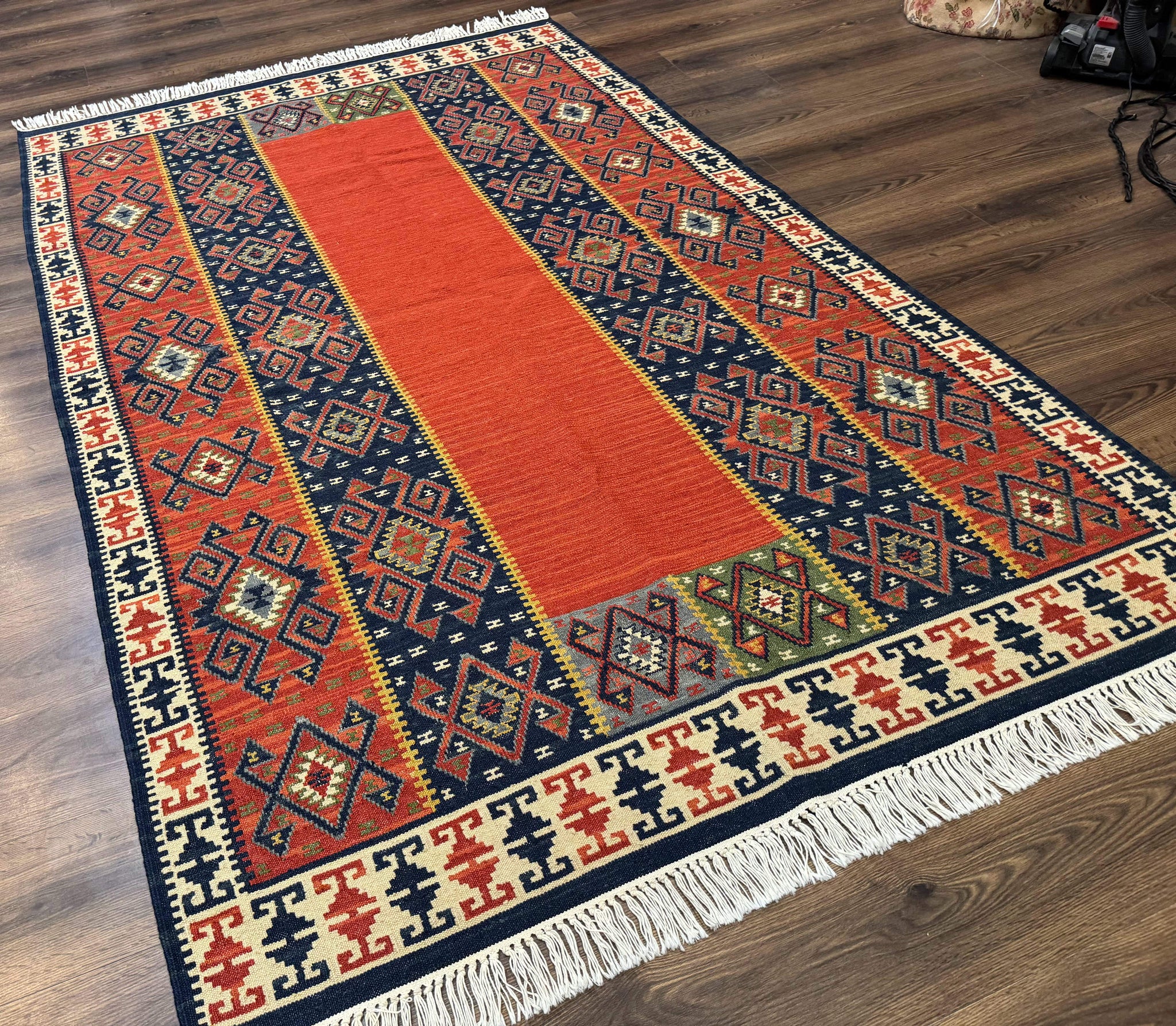 Turkish Kilim Rug 5x8, Flatweave Carpet, Handmade Bohemian Rug, Terracotta and Navy Blue by Jewel Rugs