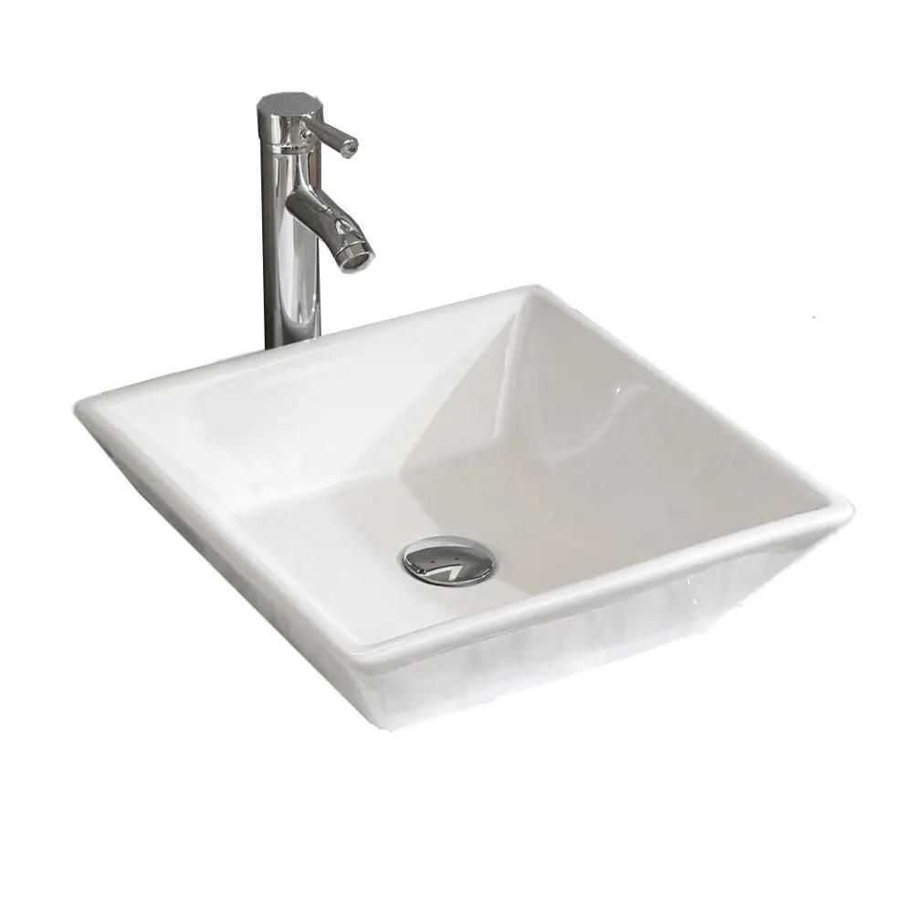 Square Bathroom Vessel Sink - White Porcelain Counter Bowl For Bathroom Vanity - White by HouseOfZazla