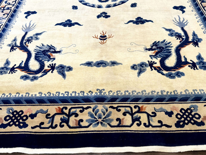 Chinese Dragon Peking Rug 8 x 11.6, Ivory and Blue, Chinese Wool Rug, Vintage by Jewel Rugs