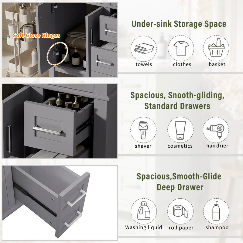 Modern Bathroom Vanity With Sink, Storage Cabinet, Soft Close Doors, Deep & Standard Drawers by Unique Piece Furniture